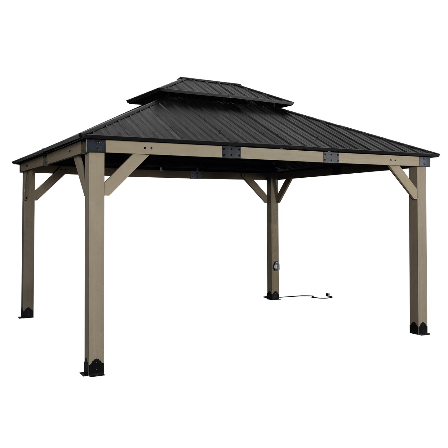12'x14' Upgrade Cedar Wooden Frame Gazebo with 2-Tier Galvanized Steel Roof and Outlets
