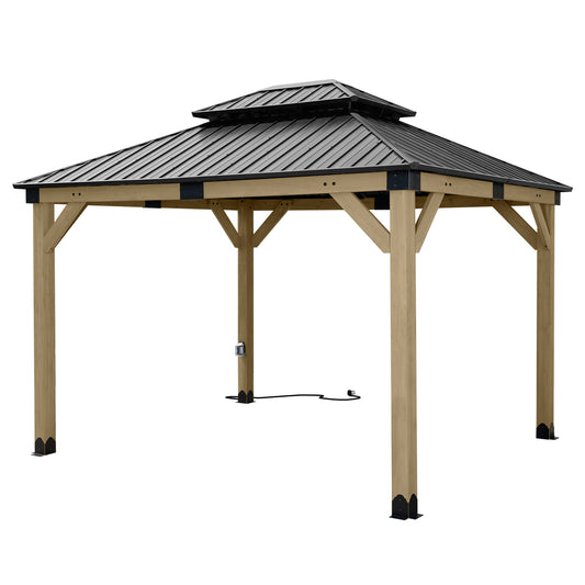 10'x12' Outdoor Patio Wooden Frame Gazebo with 2-Tier Galvanized Metal Hardtop Roof and Outlets - Aoodor