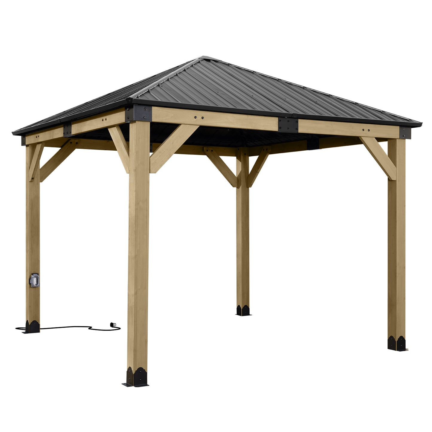 10'x10' Outdoor Patio Wooden Frame Gazebo with Galvanized Metal Hardtop Roof and Charging Socket