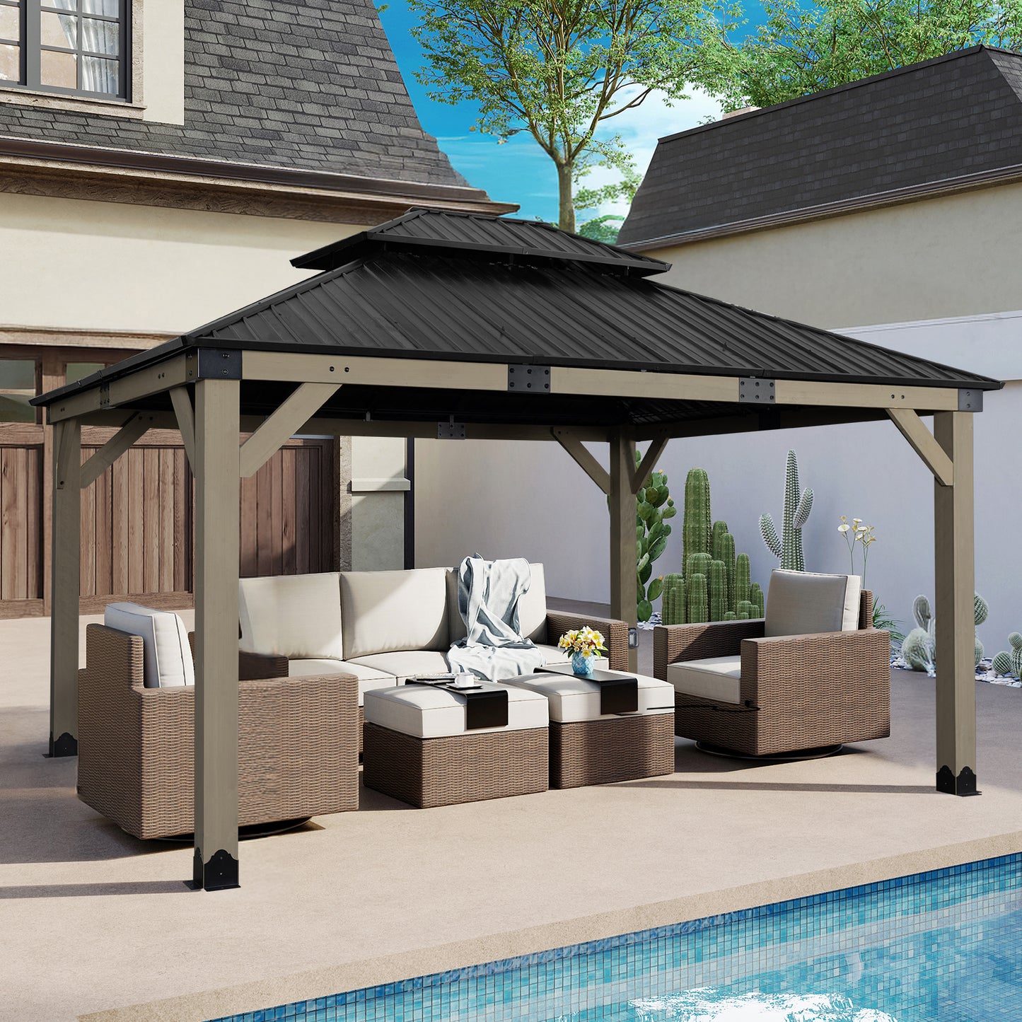 12'x14' Upgrade Cedar Wooden Frame Gazebo with 2-Tier Galvanized Steel Roof and Outlets