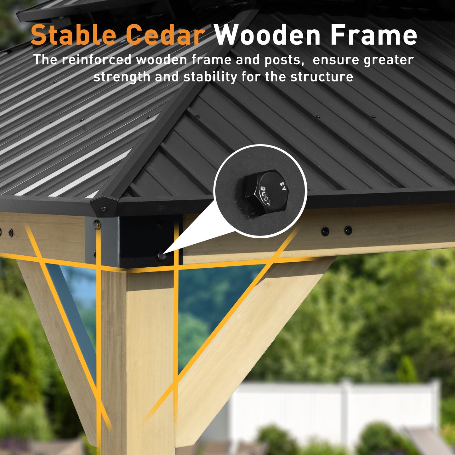 10'x12' Outdoor Patio Wooden Frame Gazebo with 2-Tier Galvanized Metal Hardtop Roof and Charging Socket