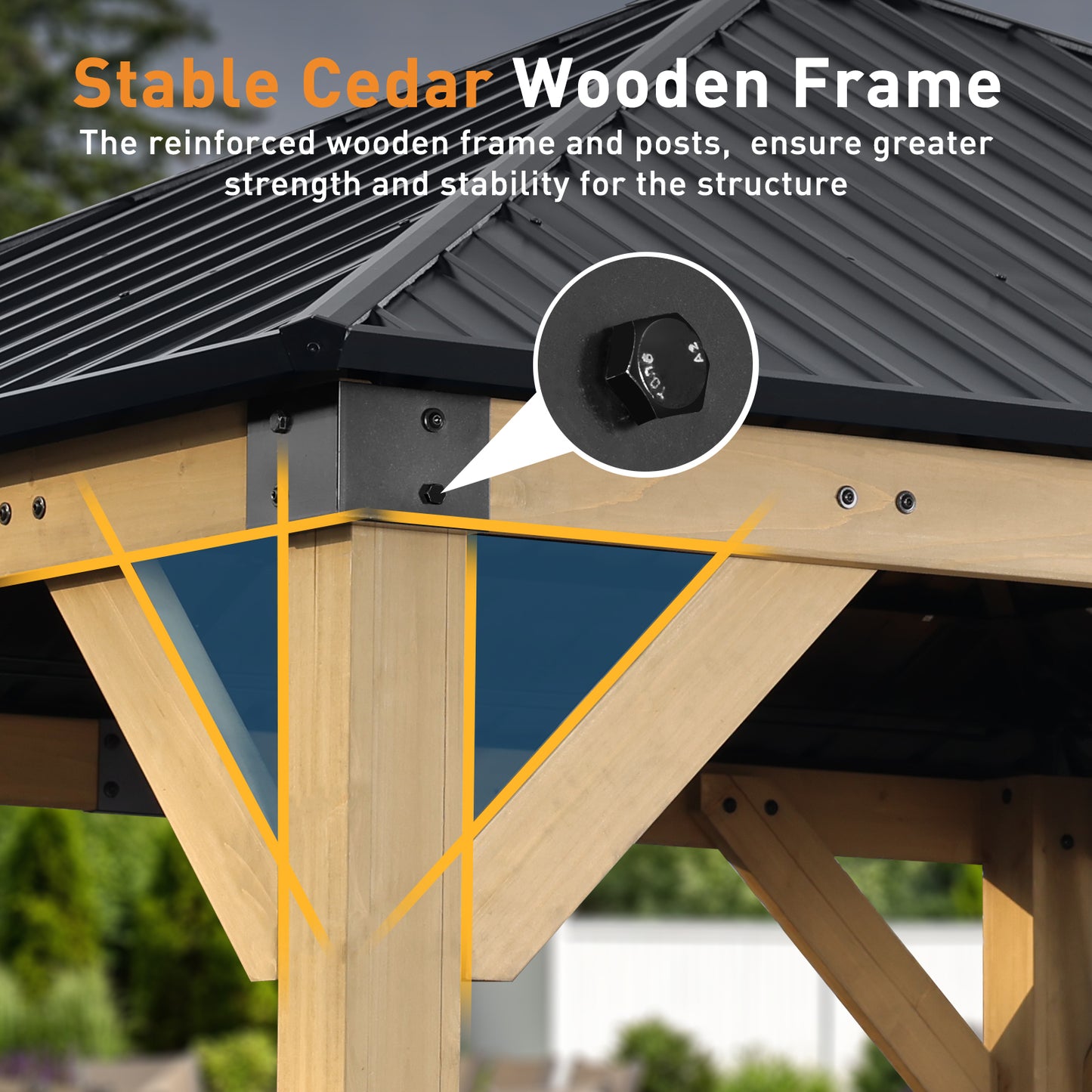 10'x10' Outdoor Patio Wooden Frame Gazebo with Galvanized Metal Hardtop Roof and Charging Socket