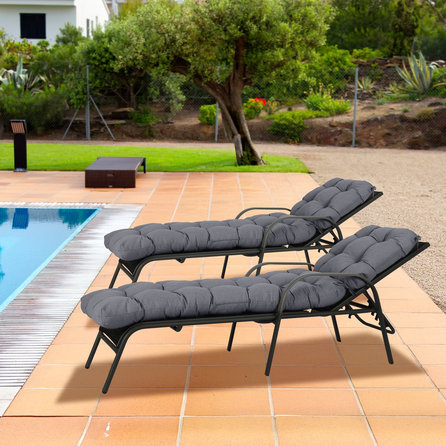 76"x22"x5.1" Polyester Tufted Chaise Lounge Cushion for Outdoor Wicker Chaise Lounge Use, 2 Packs - Dark Gray Aoodor