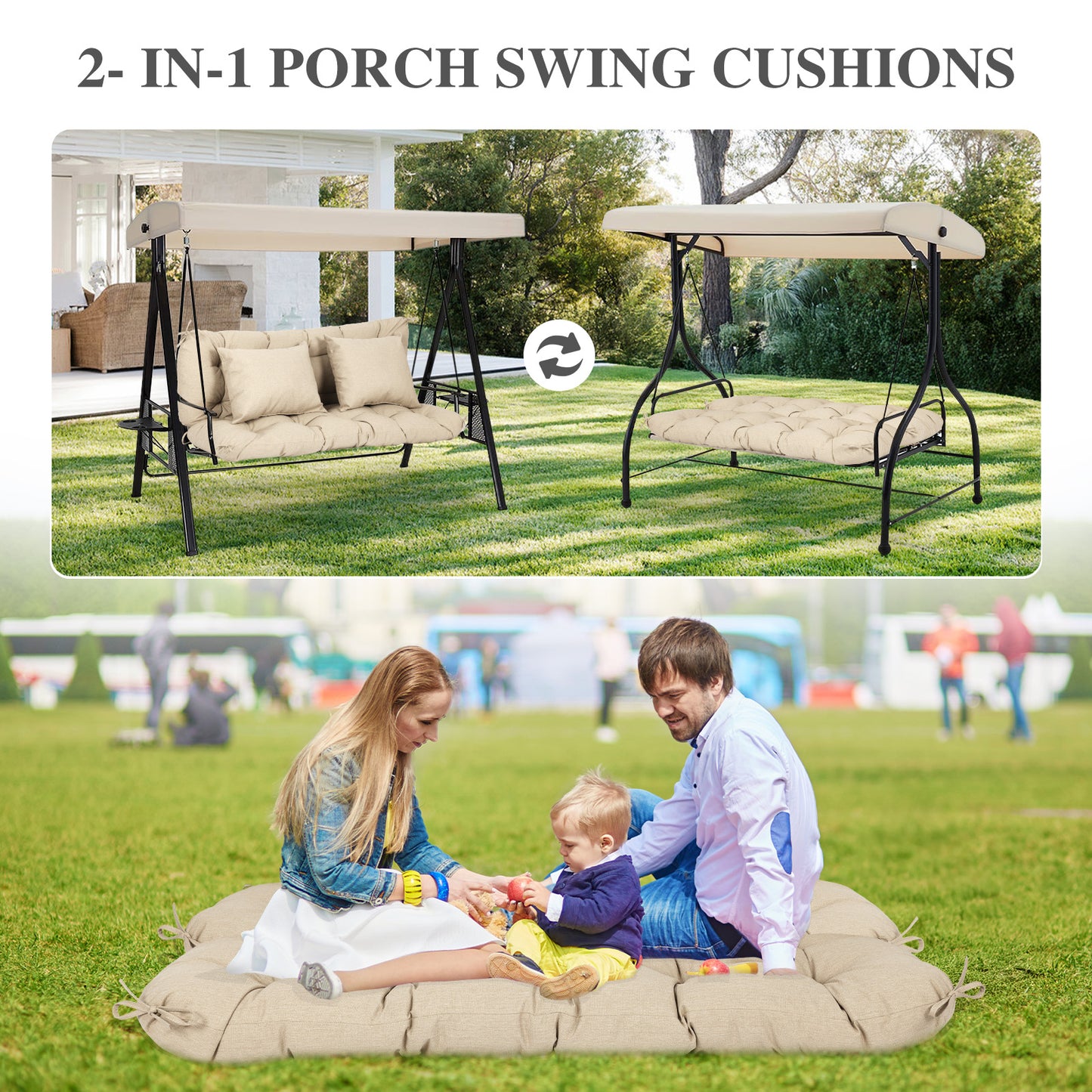 59" Tufted Porch Swing Cushions, Extra 5.1" Thick Outdoor Swing Bench Replacement Cushion with Backrest and 2 Pillows - Khaki Aoodor