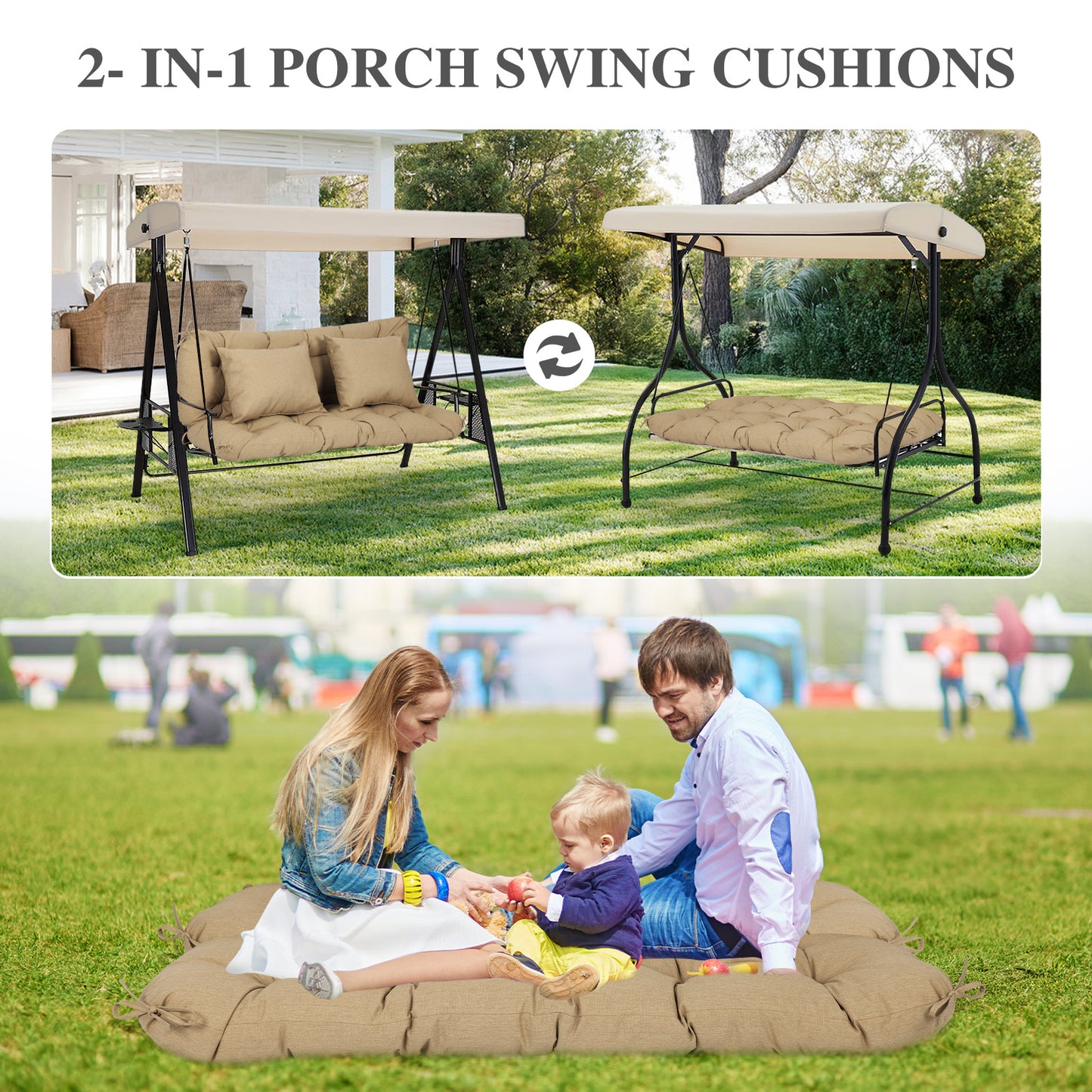 59" Tufted Porch Swing Cushions, Extra 5.1" Thick Outdoor Swing Bench Replacement Cushion with Backrest and 2 Pillows - Brown Aoodor