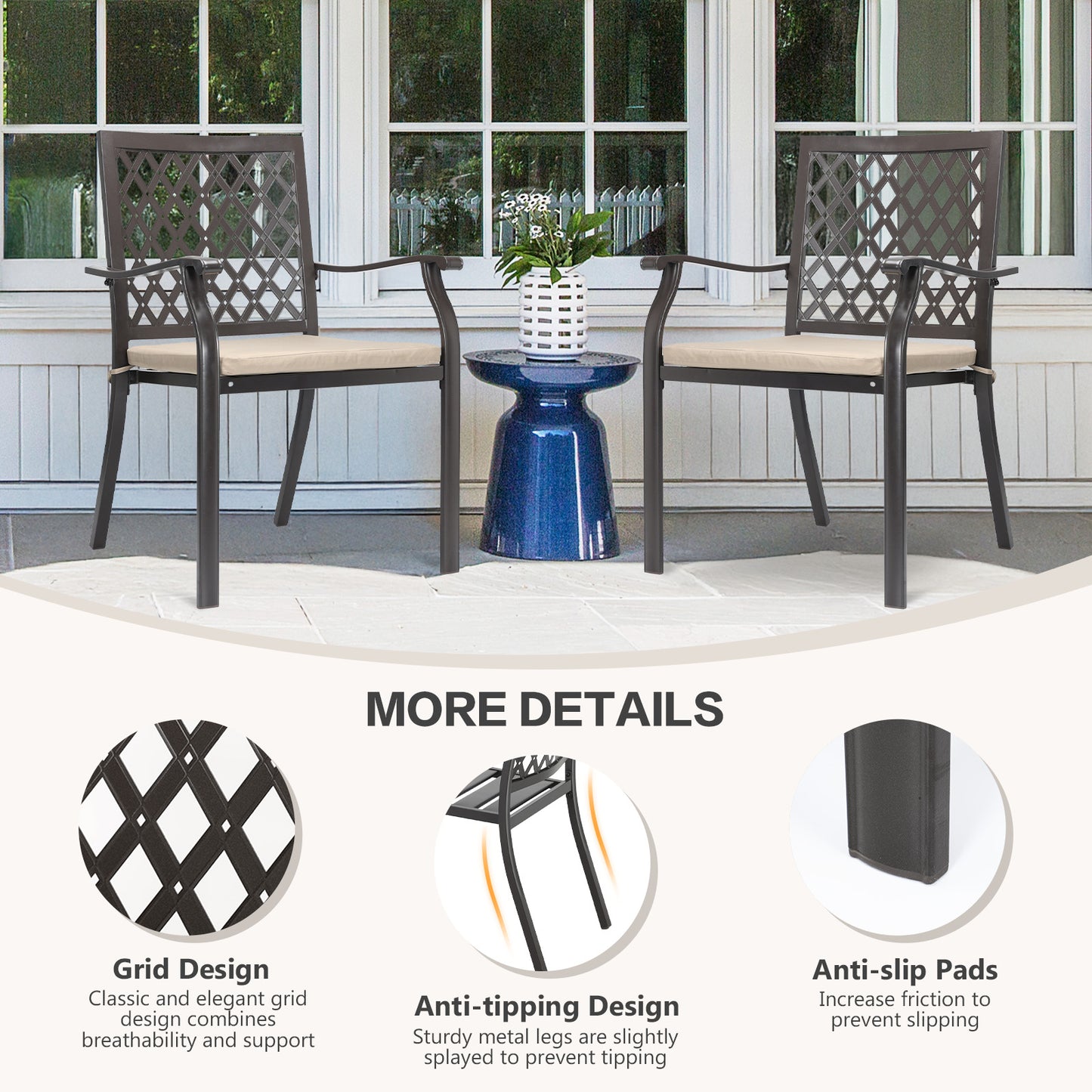 2-Piece Set Outdoor Patio Metal Dining Chairs with Seat Cushions