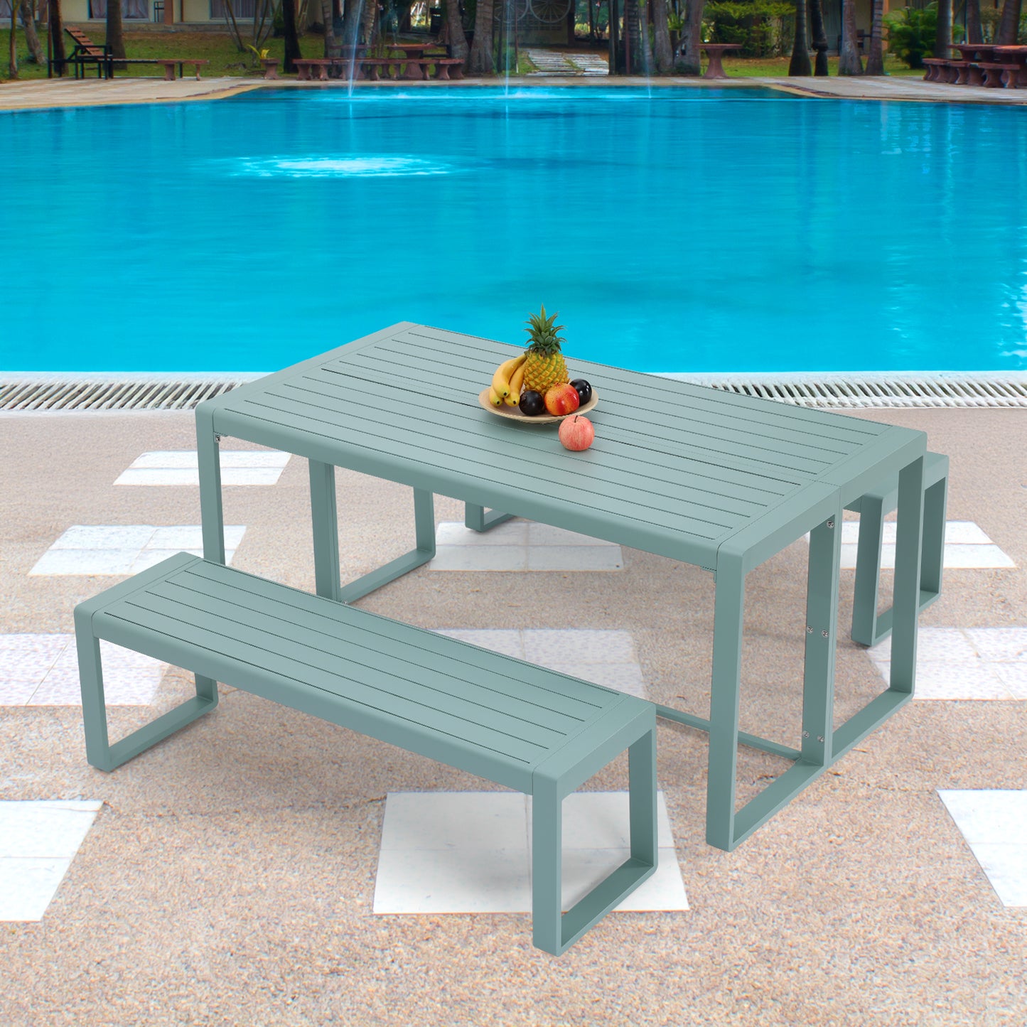 3-Piece Outdoor Patio Aluminum Dining Set with 1 Rectangular Picnic Table and 2 Benches