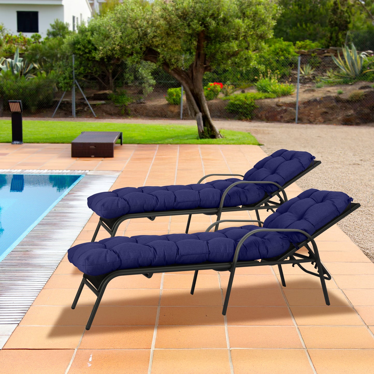 76"x22"x5.1" Polyester Tufted Chaise Lounge Cushion for Outdoor Wicker Chaise Lounge Use, 2 Packs - Dark Blue - Aoodor