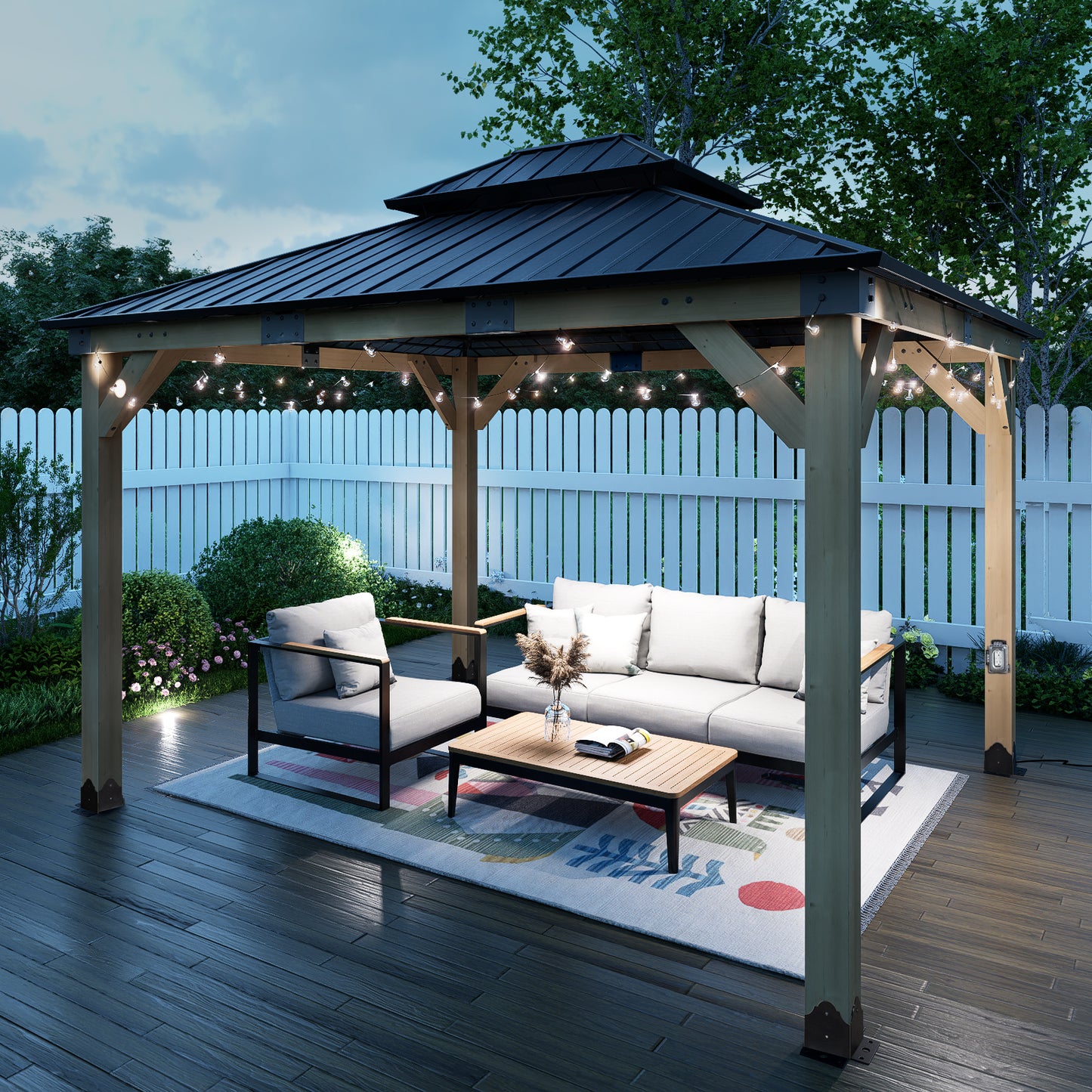 12'x14' Upgrade Cedar Wooden Frame Gazebo with 2-Tier Galvanized Steel Roof and Outlets