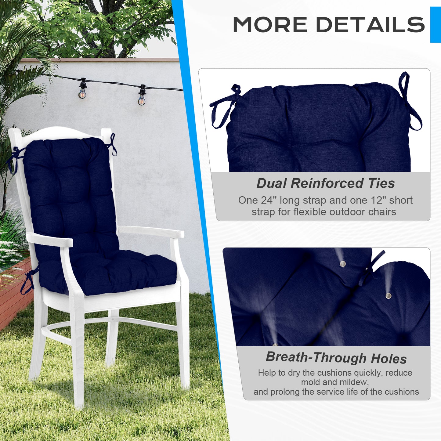 Outdoor Tufted High Back Cushions Patio Replacement Chair Cushion with Ties - Dark Blue