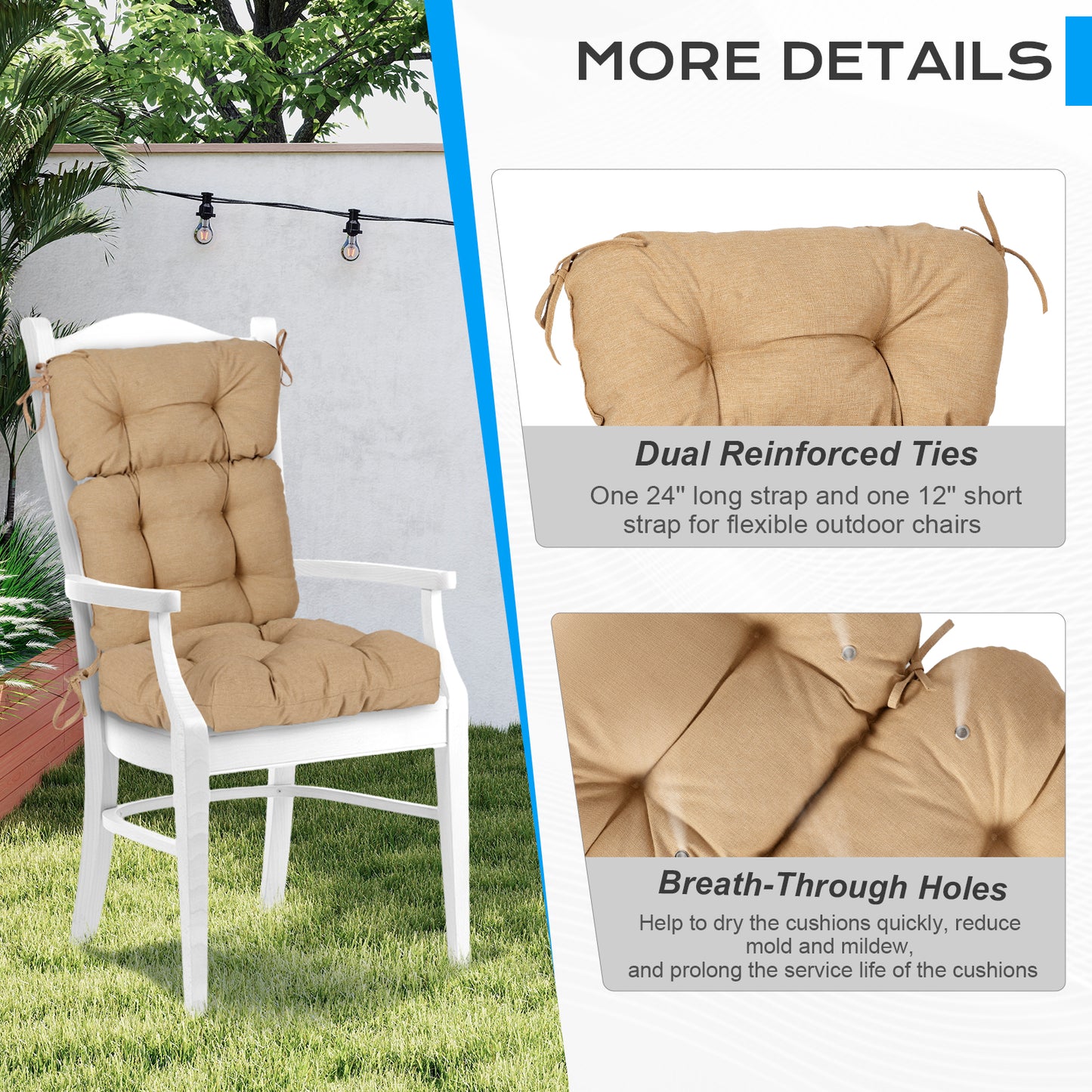 Outdoor Tufted High Back Cushions Patio Replacement Chair Cushion with Ties - Brown