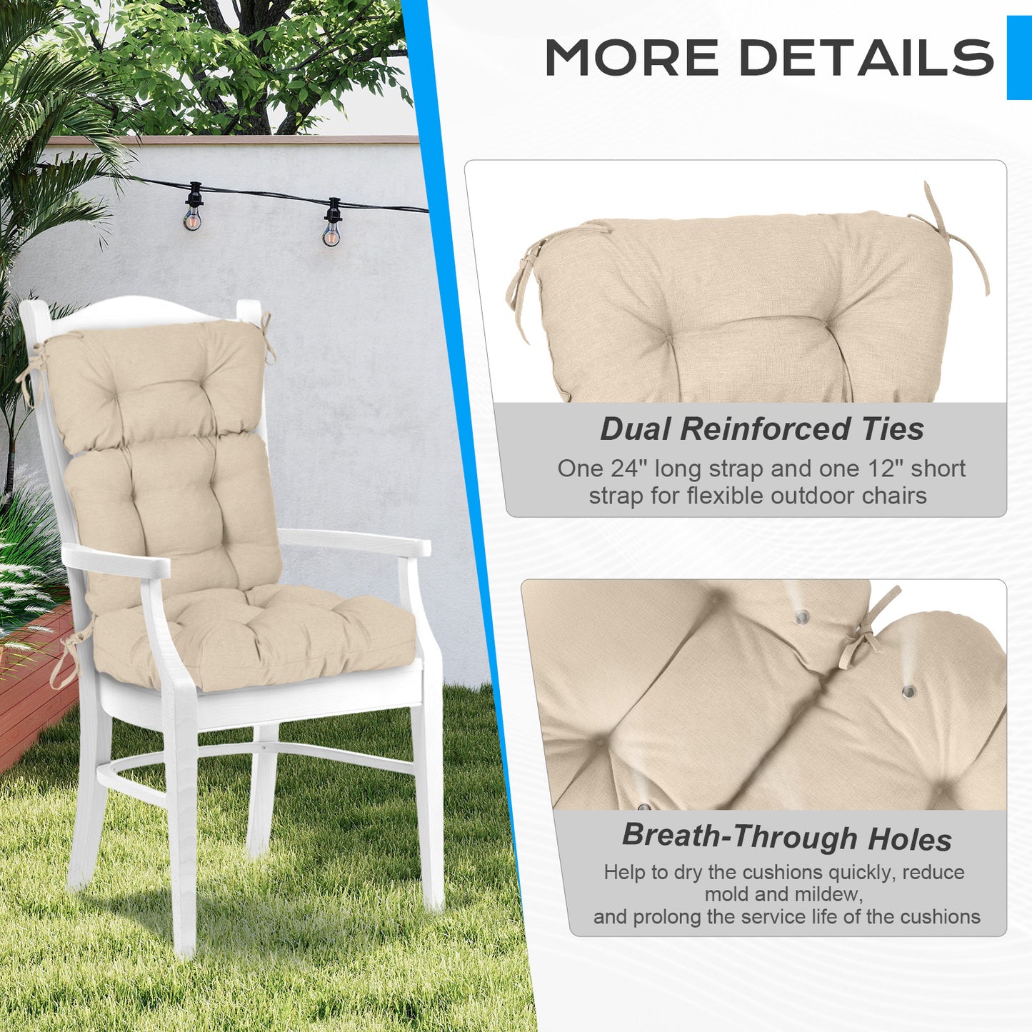 Tufted Outdoor High Back Chair Cushions Patio Rocking Pads for Furniture, Khaki