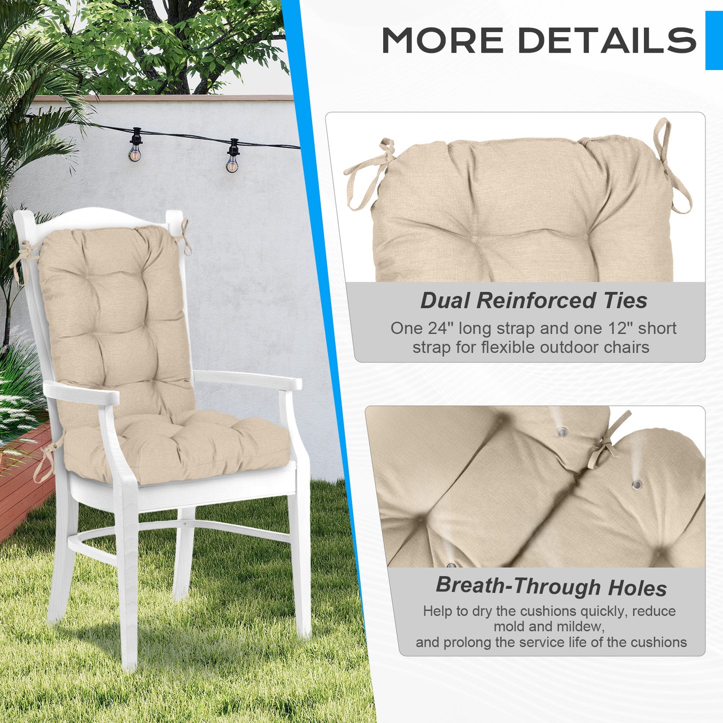 Tufted Outdoor High Back Chair Cushions Patio Replacement Cushion, Khaki