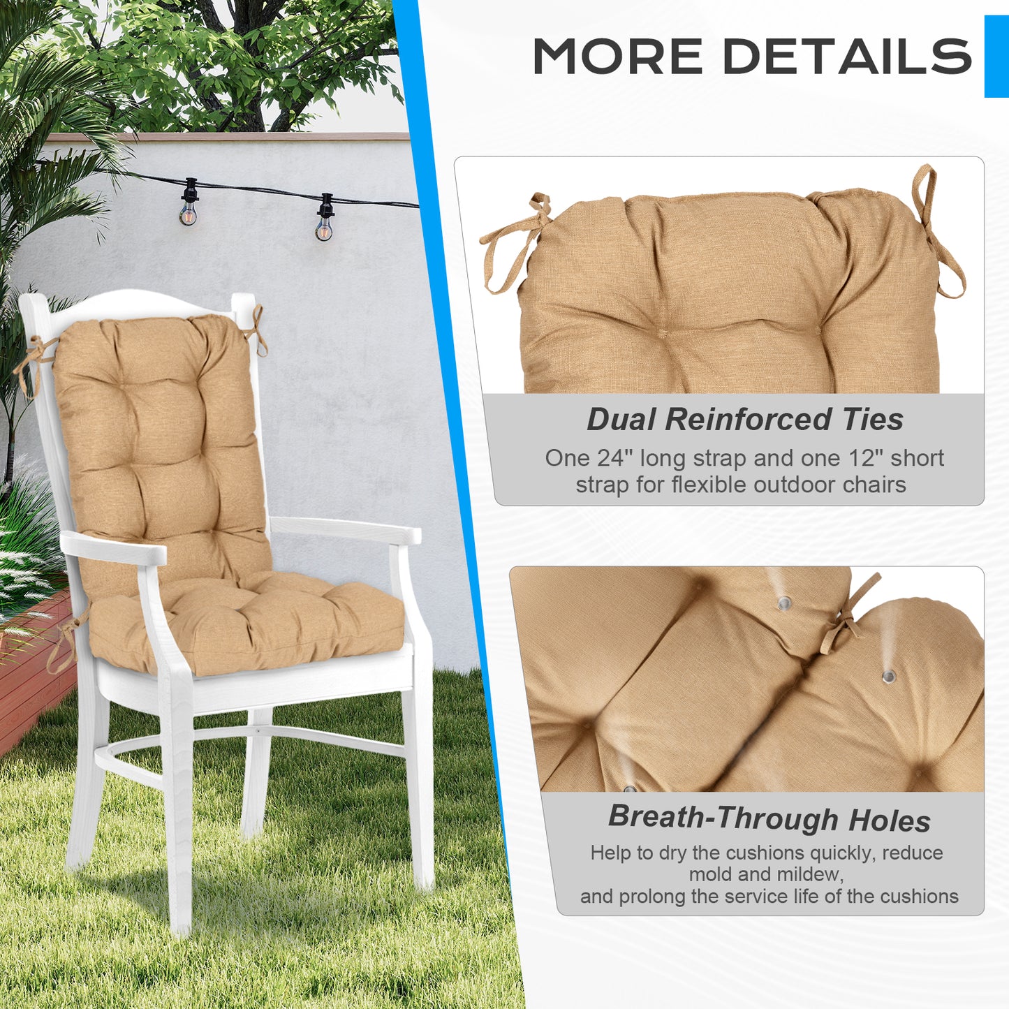Outdoor Tufted High Back Cushions Patio Replacement Chair Cushion with Ties - Brown