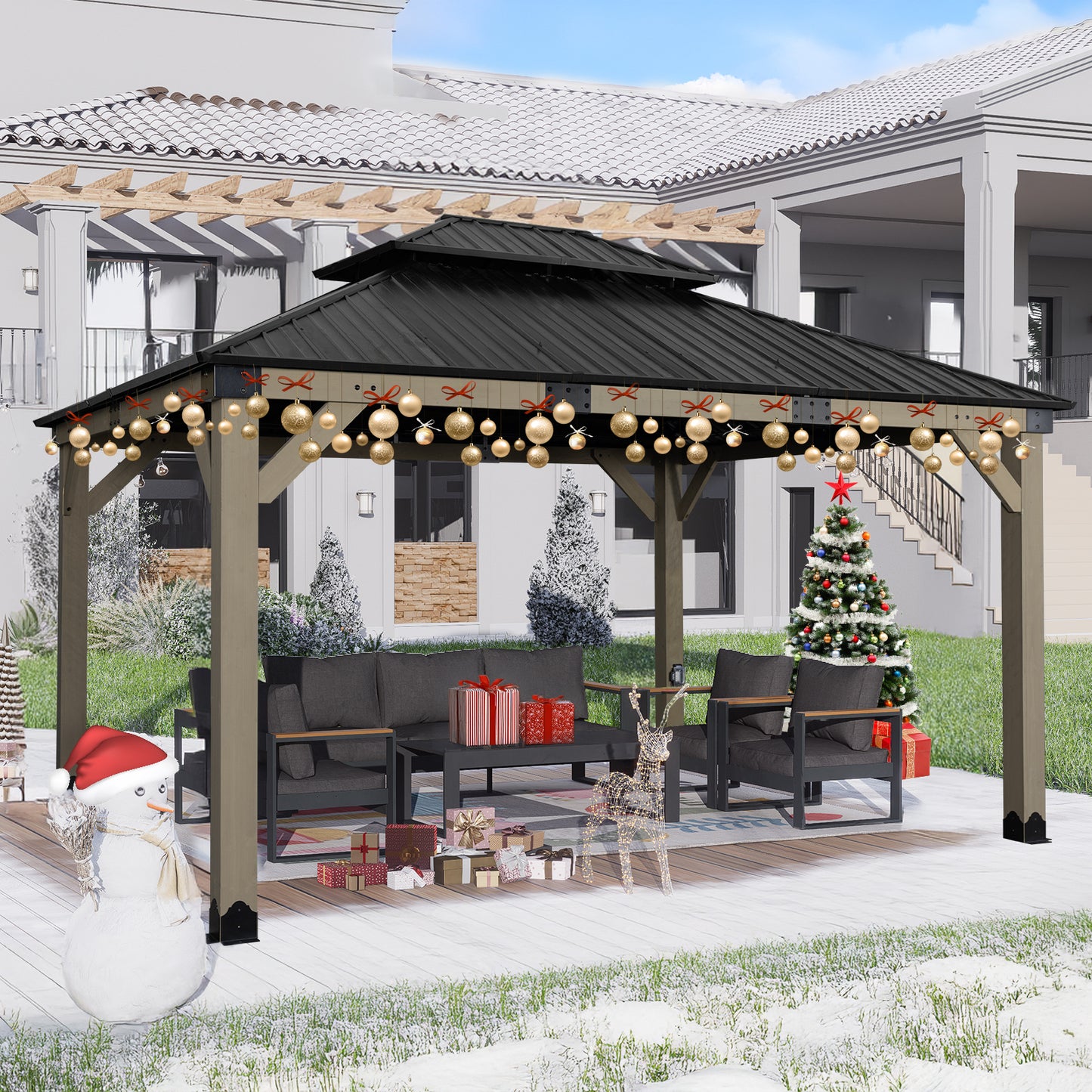 12'x14' Upgrade Cedar Wooden Frame Gazebo with 2-Tier Galvanized Steel Roof and Outlets
