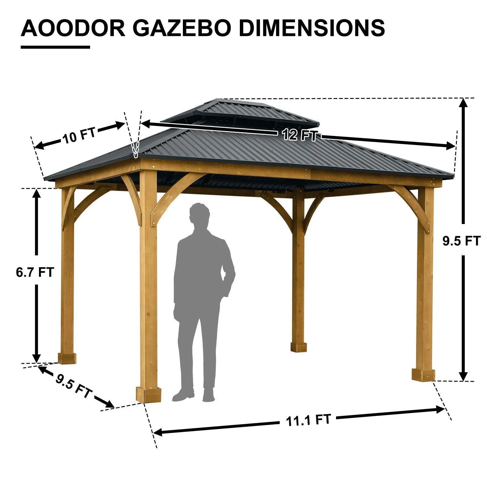 12 x 10 ft. Outdoor Solid Wooden Frame Gazebo with 2-Tier Hardtop Roof Gazebo Aoodor Charcoal