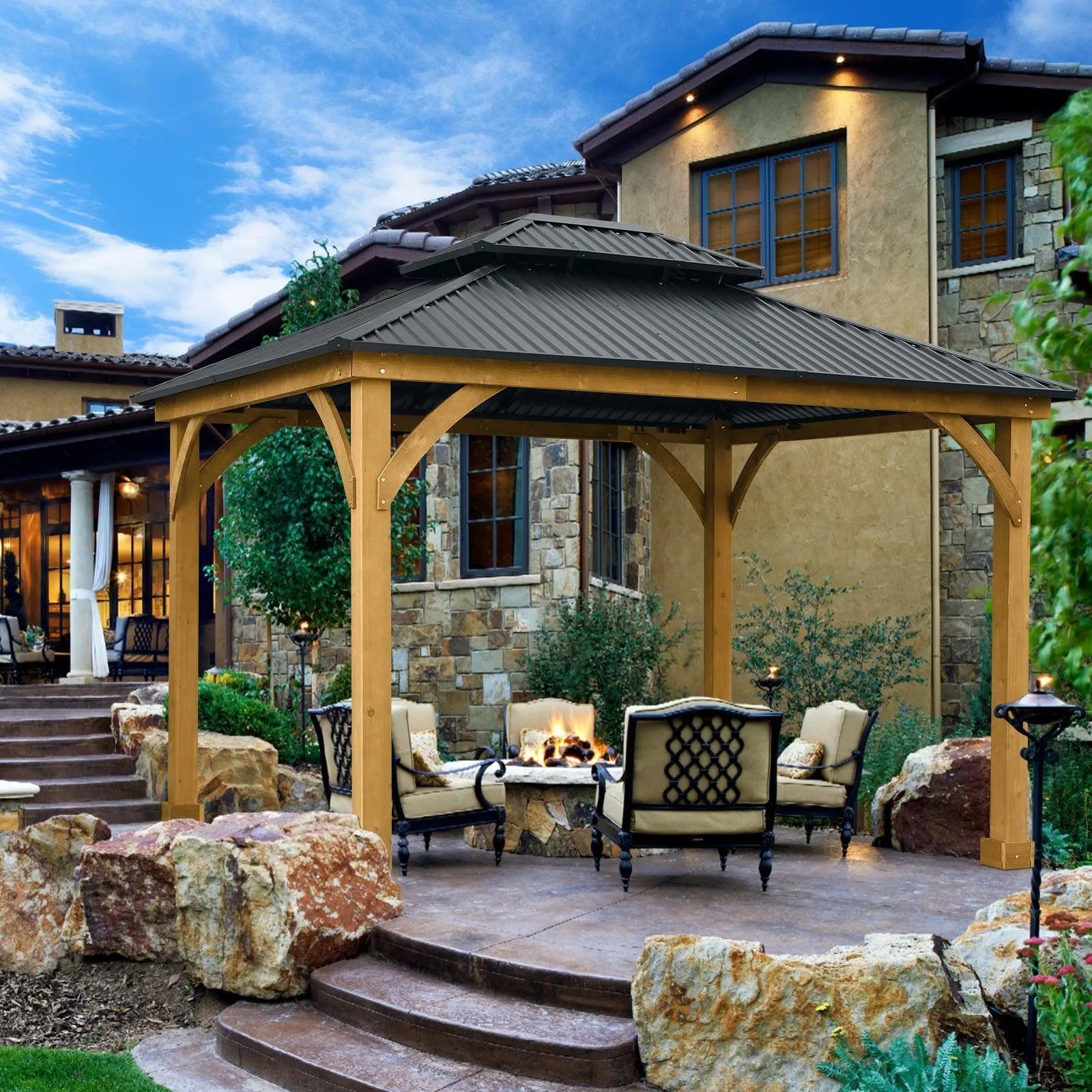 12 x 10 ft. Outdoor Solid Wooden Frame Gazebo with 2-Tier Hardtop Roof Gazebo Aoodor