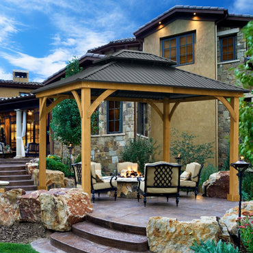 12 x 10 ft. Outdoor Solid Wooden Frame Gazebo with 2-Tier Hardtop Roof Gazebo Aoodor