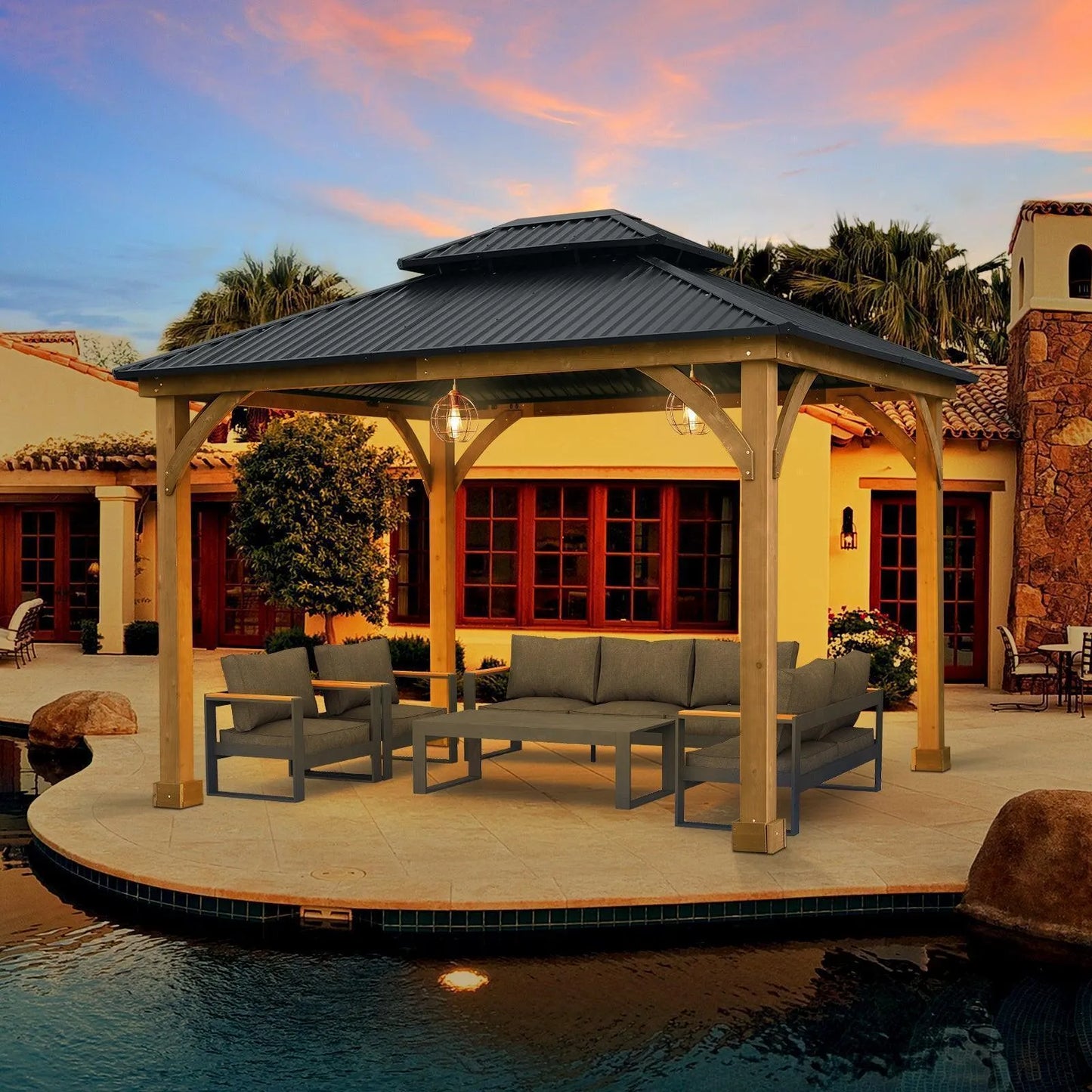 12 x 10 ft. Outdoor Solid Wooden Frame Gazebo with 2-Tier Hardtop Roof Gazebo Aoodor