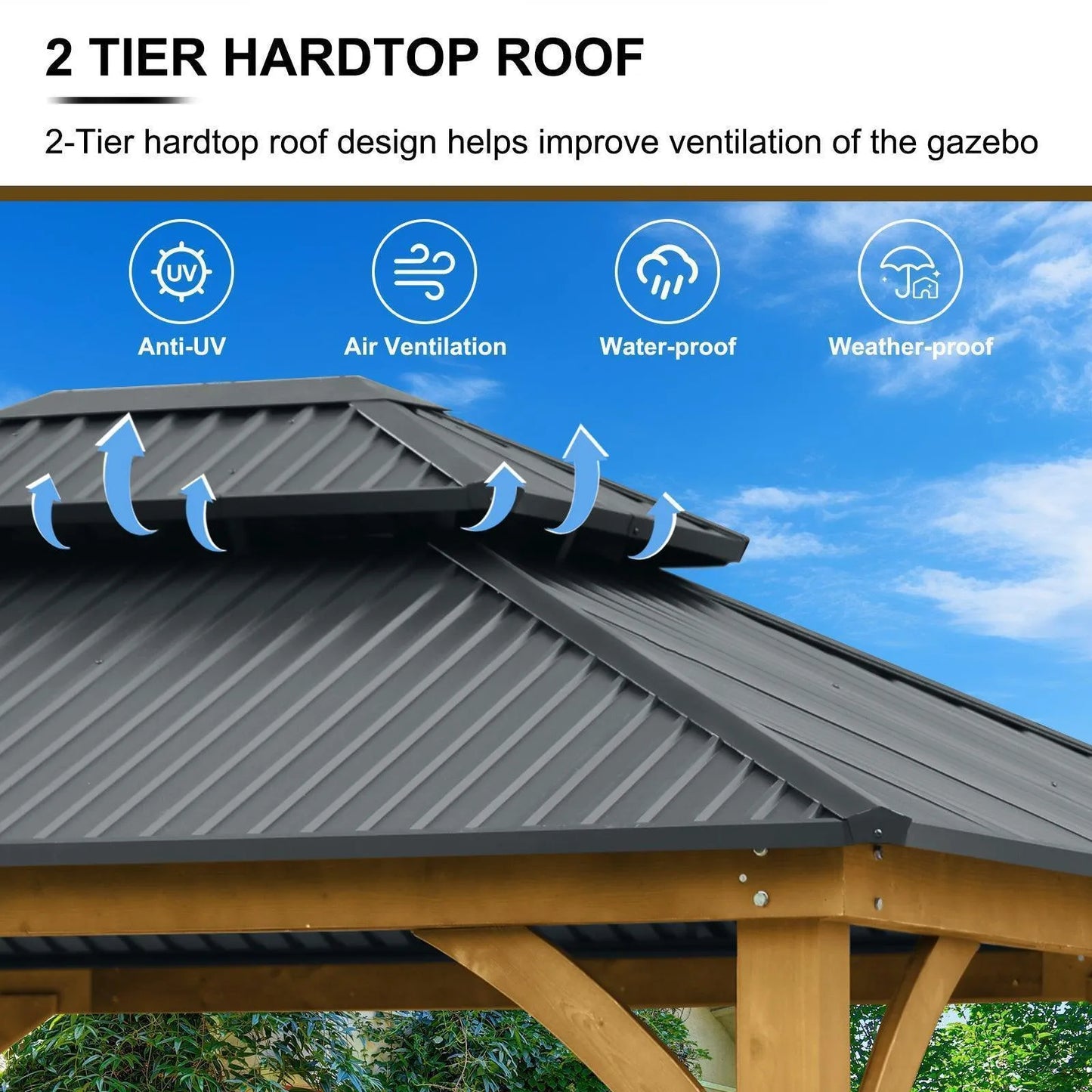 12 x 10 ft. Outdoor Solid Wooden Frame Gazebo with 2-Tier Hardtop Roof Gazebo Aoodor