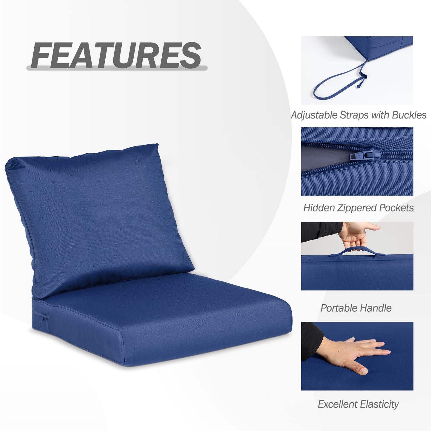 Outdoor Chair Cushions, Patio Deep Seat Cushions with Handle & Adjustable Straps - Navy Blue