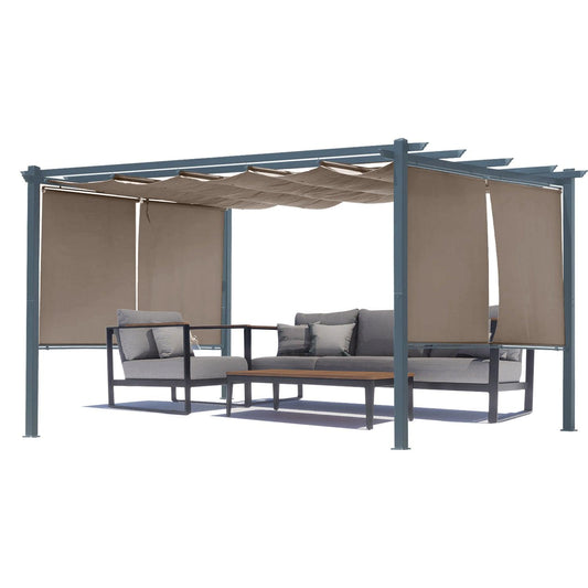 13 x 10 FT Outdoor Pergola with Retractable Shade Canopy, Aluminum Frame,Roller Shade Curtain Aoodor Brown