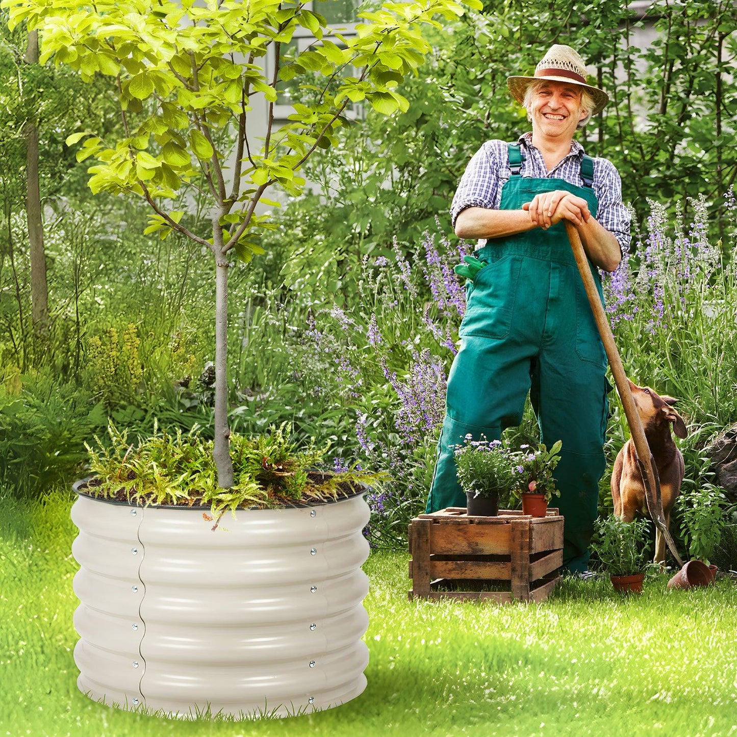 16.7" Tall Round Raised Garden Bed - 24" Diameter Aluzinc Planter (Set of 2) - Aoodor