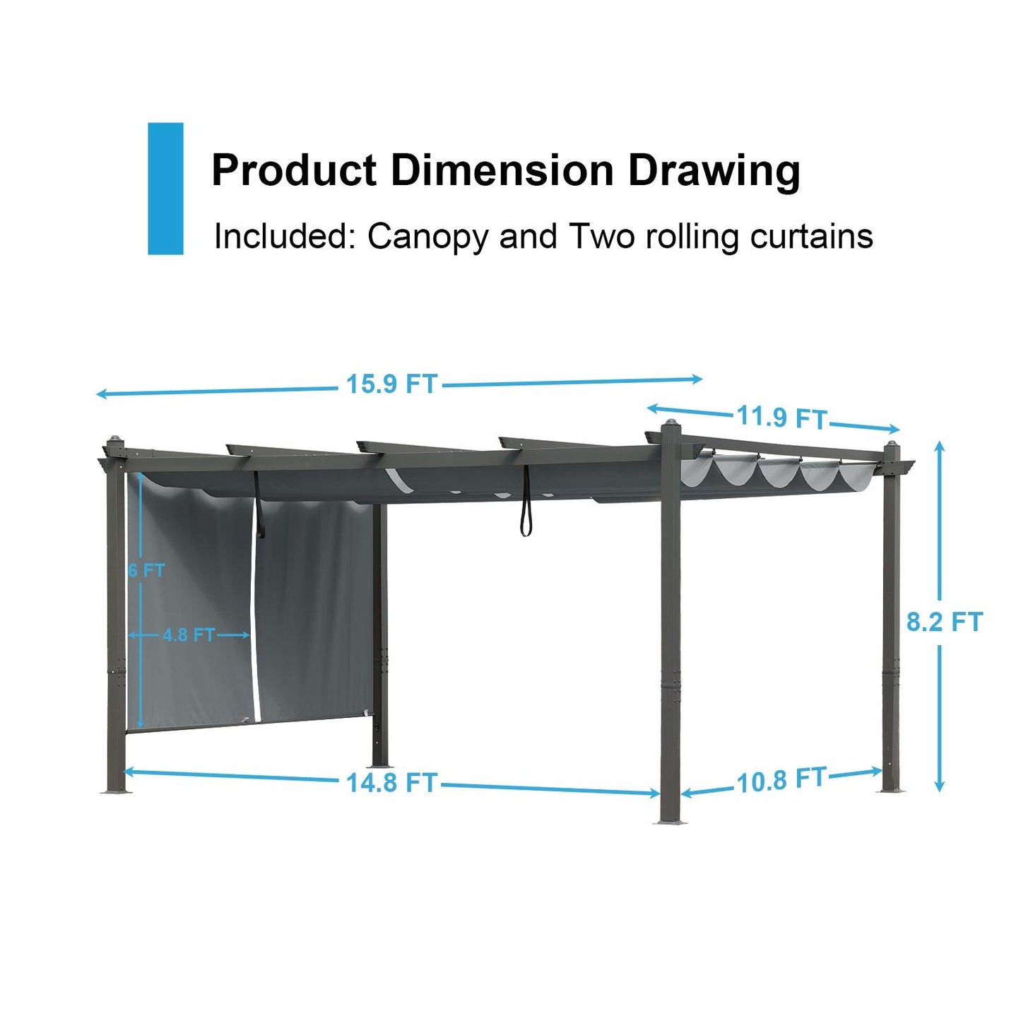 16x12/14x12 ft. Outdoor Pergola with Retractable Shade Canopy, Aluminum Frame, Roller Shade Curtain