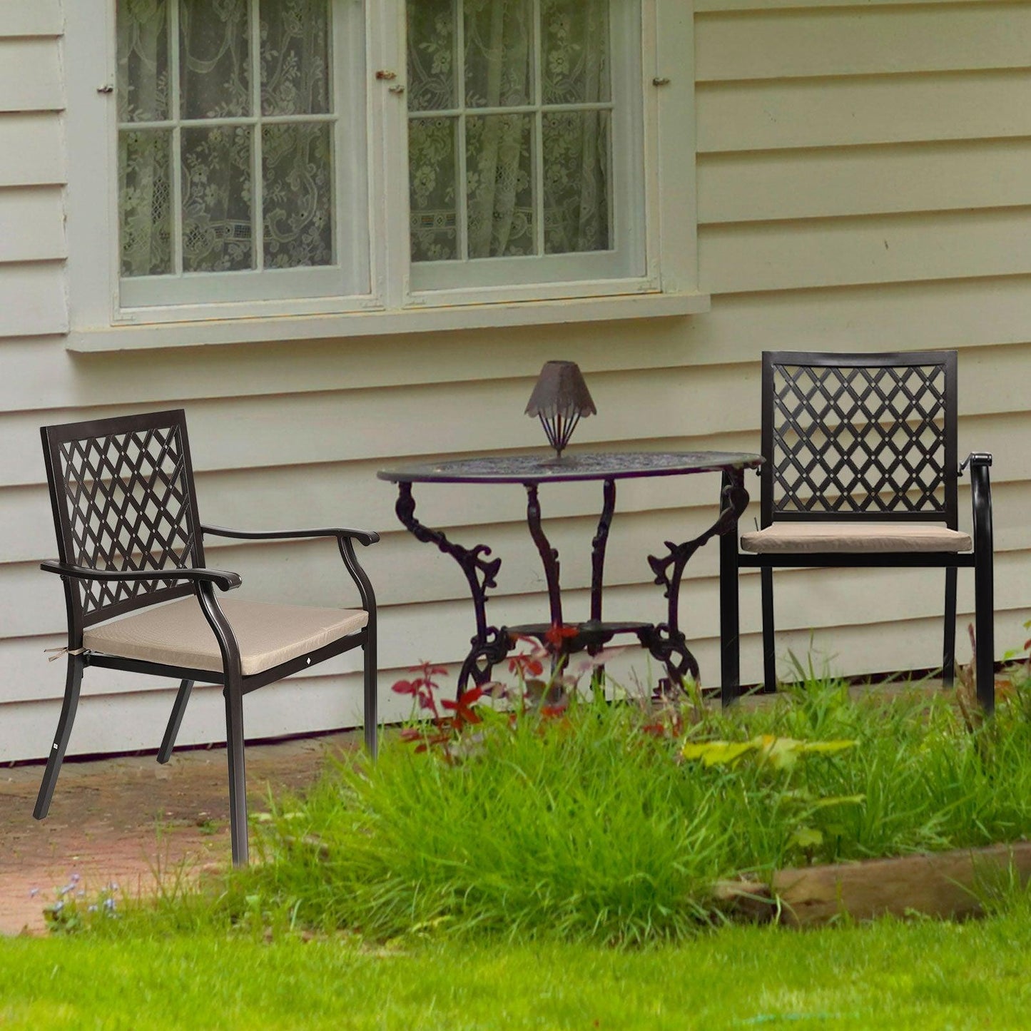 2-Piece Set Outdoor Patio Metal Dining Chairs with Seat Cushions