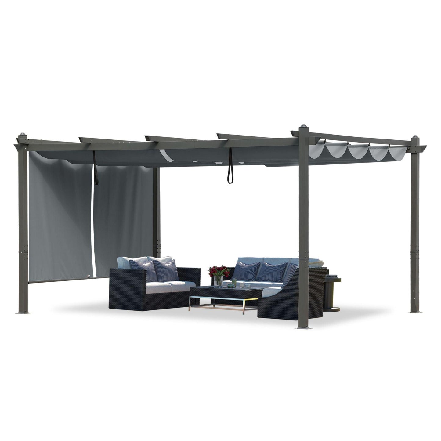 16x12/14x12 ft. Outdoor Pergola with Retractable Shade Canopy, Aluminum Frame, Roller Shade Curtain