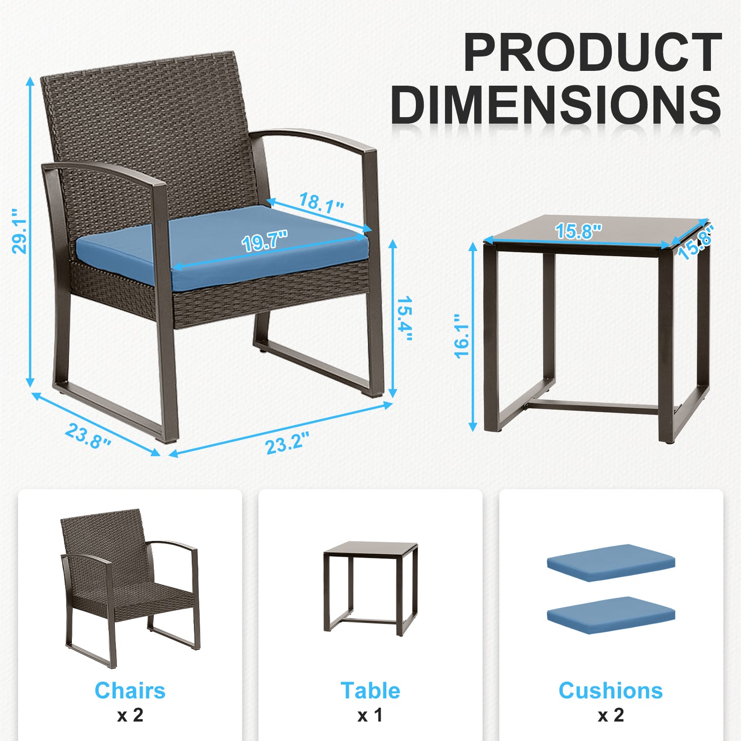 3-Piece Patio Furniture Set - Outdoor Rattan Wicker Chairs with Table, Sofa Set Including Cushions Aoodor