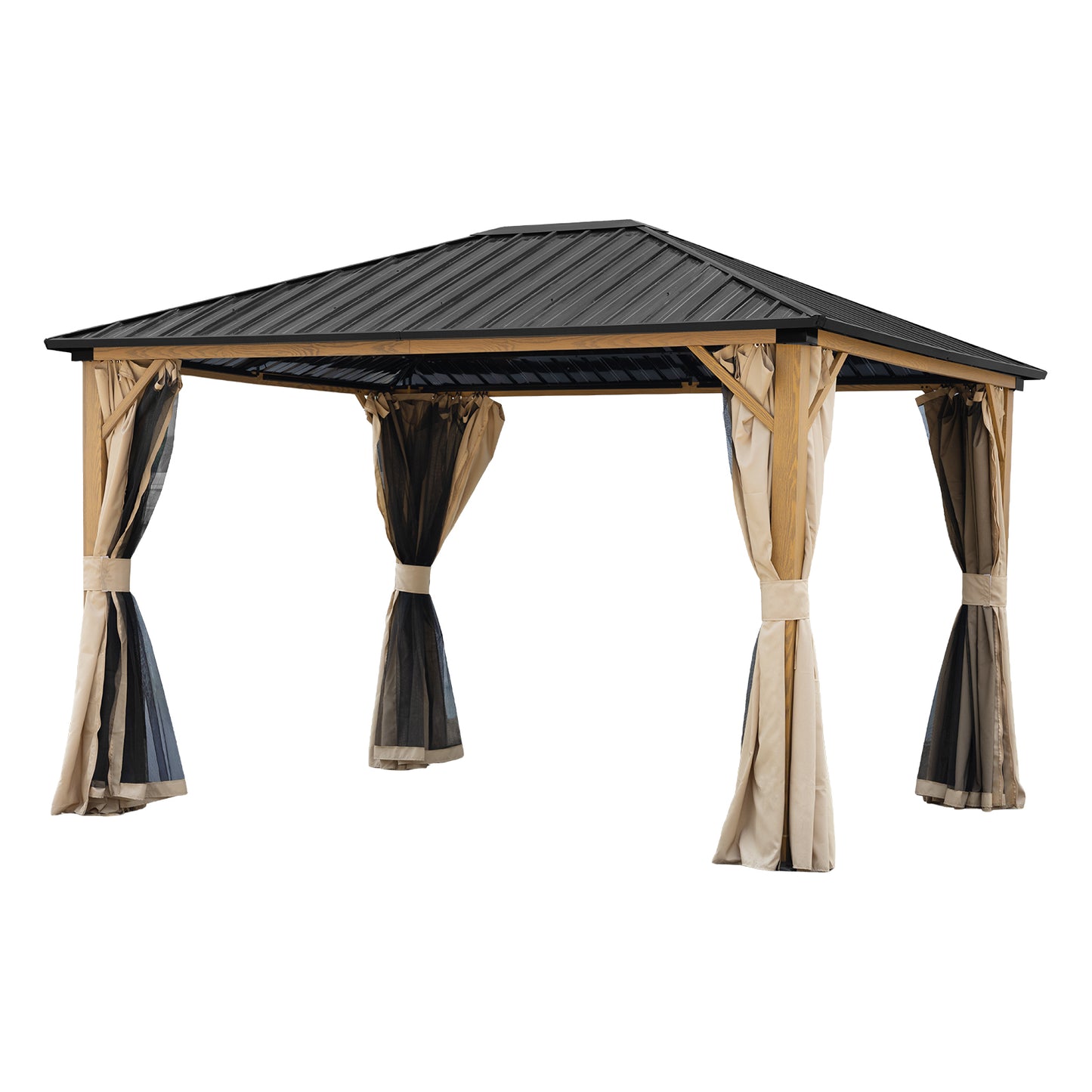 10'x12' Outdoor Hardtop Gazebo with Curtains and Mosquito Nettings, Wooden Finish Coated Aluminum Frame