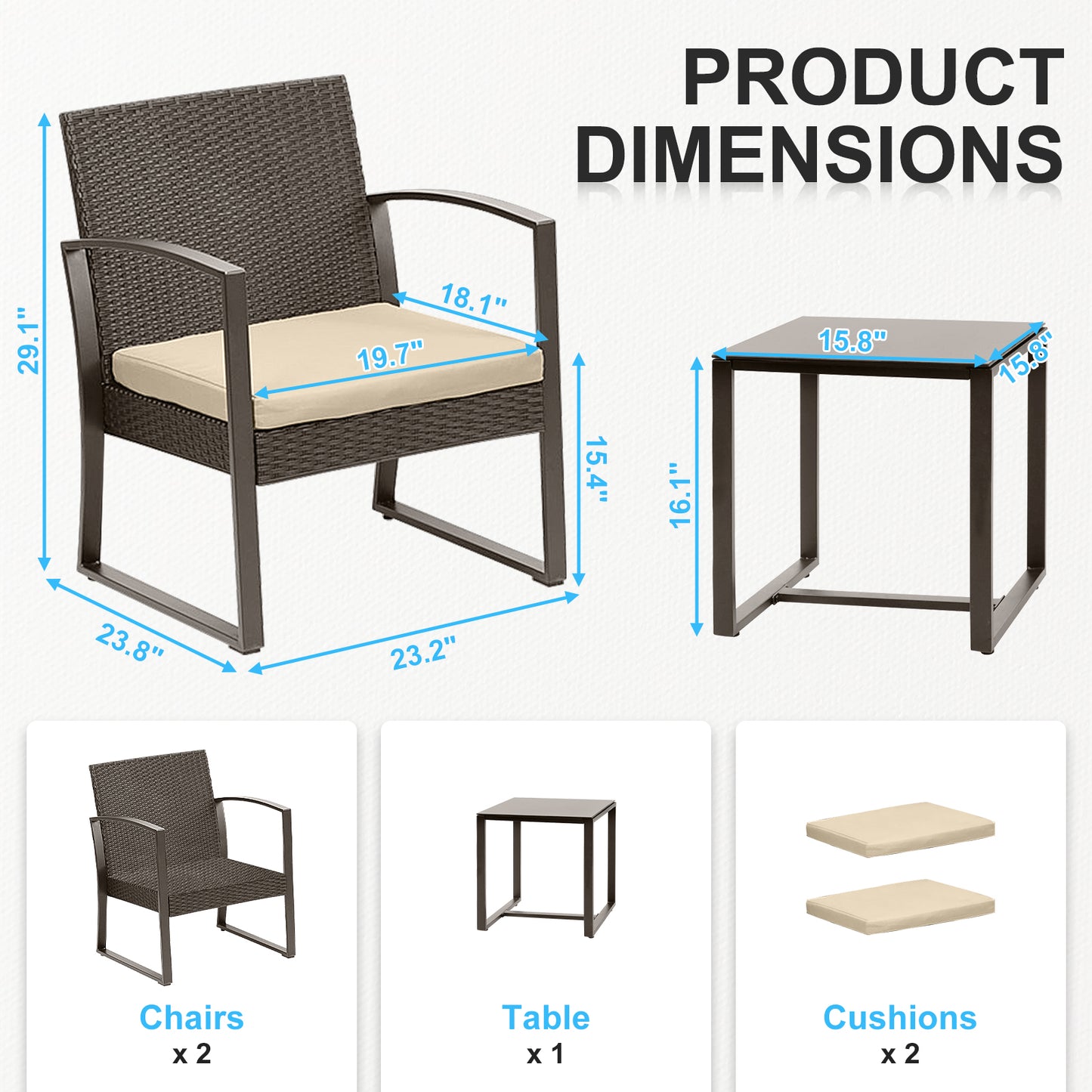 3-Piece Patio Furniture Set - Outdoor Rattan Wicker Chairs with Table, Sofa Set Including Cushions Aoodor