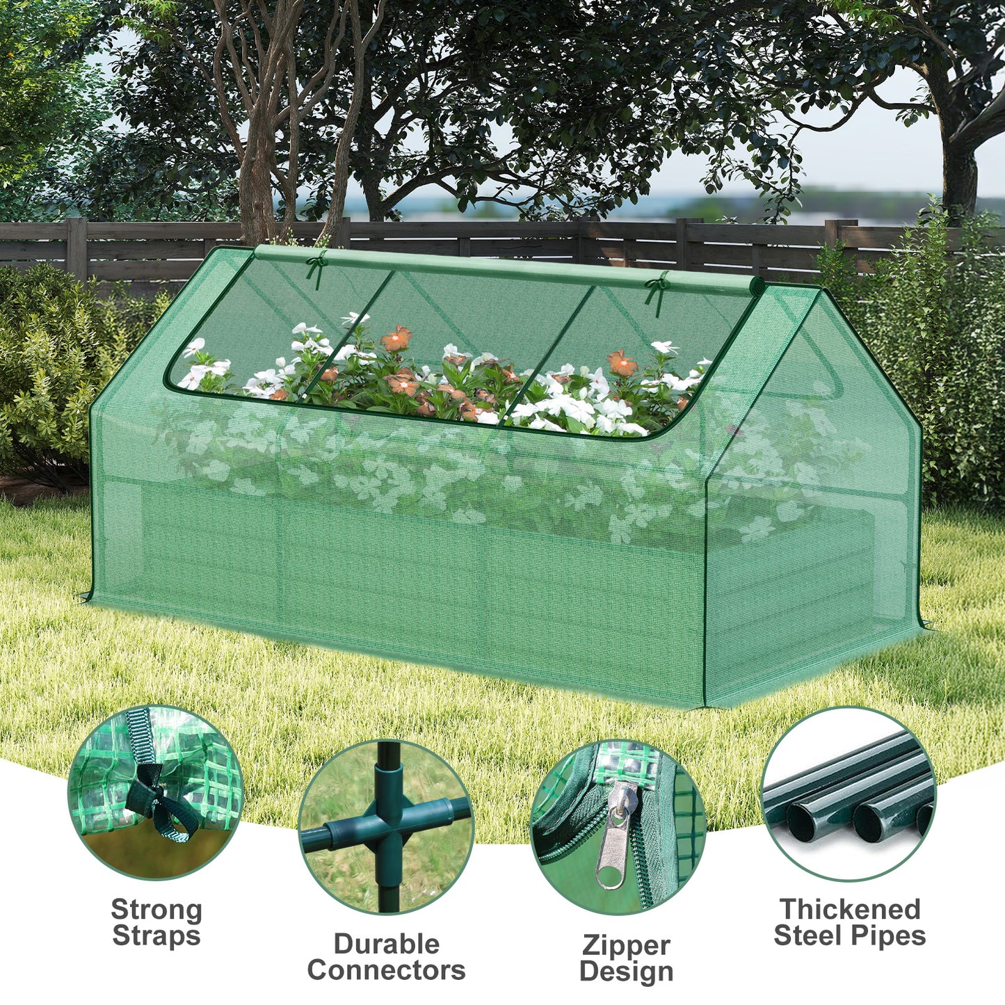 Mini Greenhouse Kit With Raised Garden Metal Beds, 2 Roll-up Zipper Doors