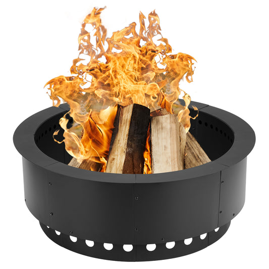 Black fire pit with flames and wooden logs on a white background
