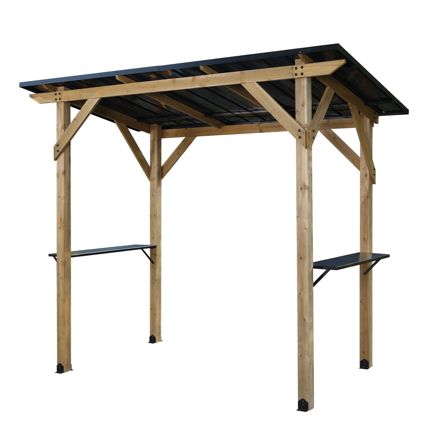 8'x5' Wooden Grill Gazebo, Outdoor Hardtop Gazebo with Sloping Metal Roof and 2 Side Shelves, Fits Most Grills, BBQ Canopy Aoodor