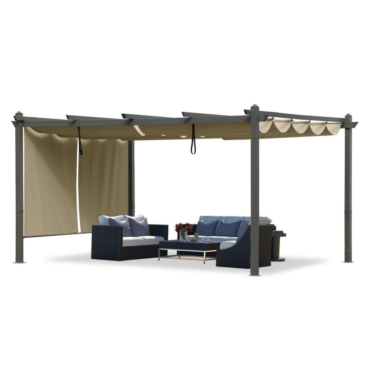 16x12/14x12 ft. Outdoor Pergola with Retractable Shade Canopy, Aluminum Frame, Roller Shade Curtain