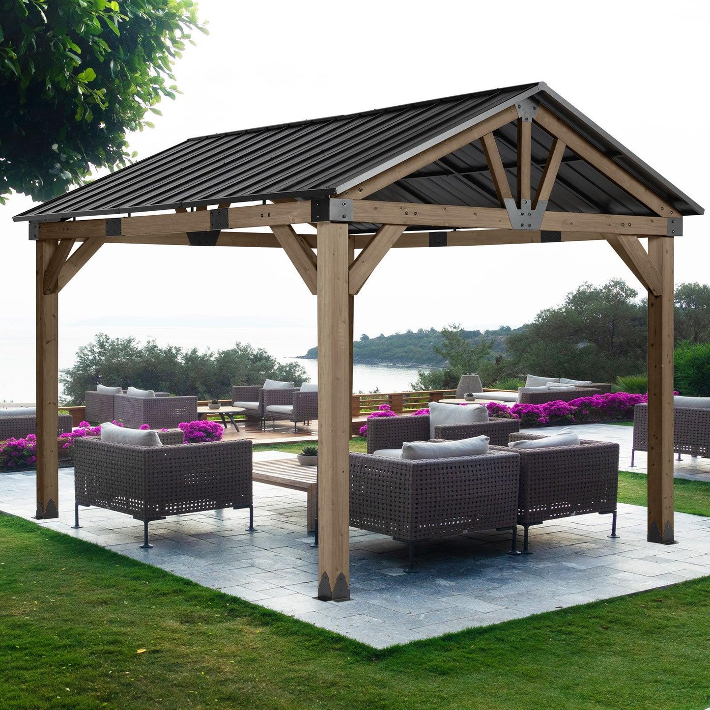 10'x12'/12'x14' Cedar Wood Hardtop Gazebo with Galvanized Steel Roof