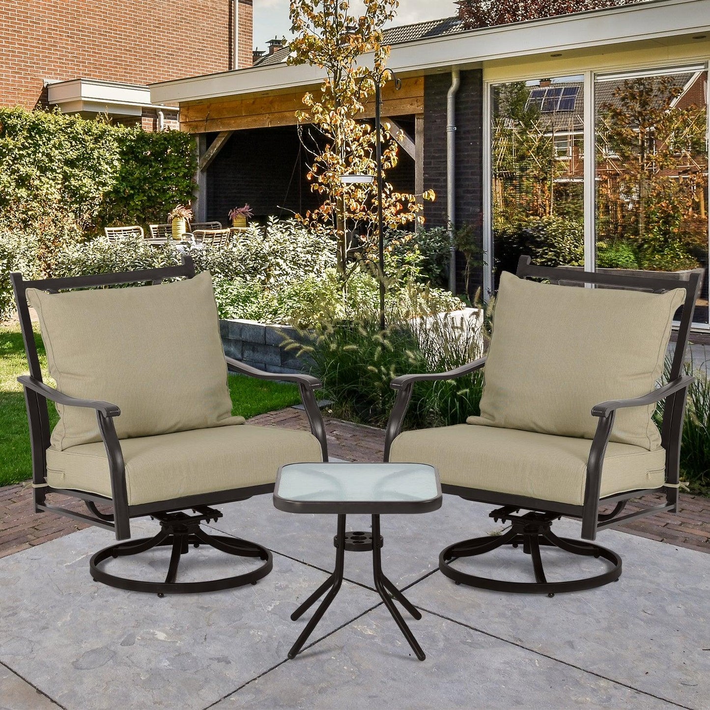 Outdoor Swivel Chair Set - Two Chairs, One Glass Table, and Two Thick Cushions