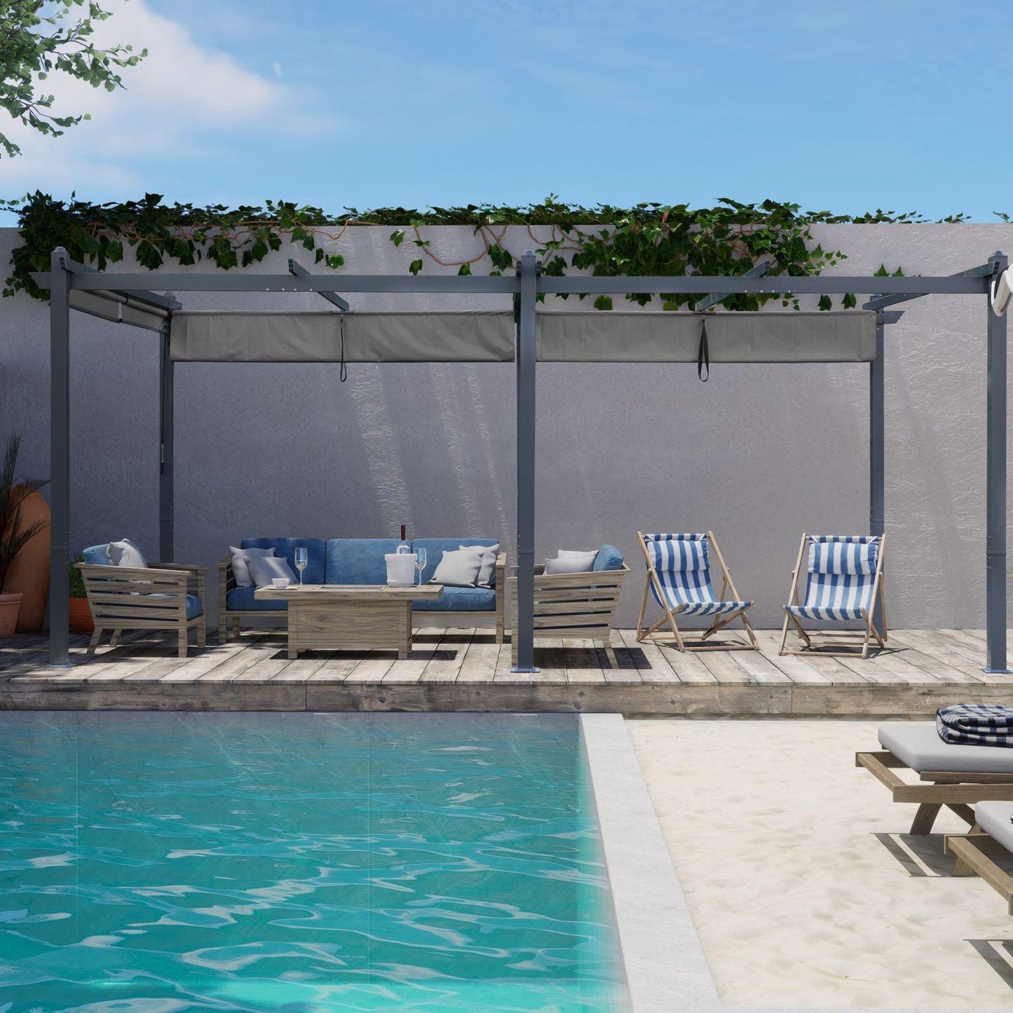 12 x 20 FT Outdoor Pergola with Retractable Shade Canopy, Aluminum Frame, Roller Shade Curtain- khaki/Charcoal Gray Aoodor