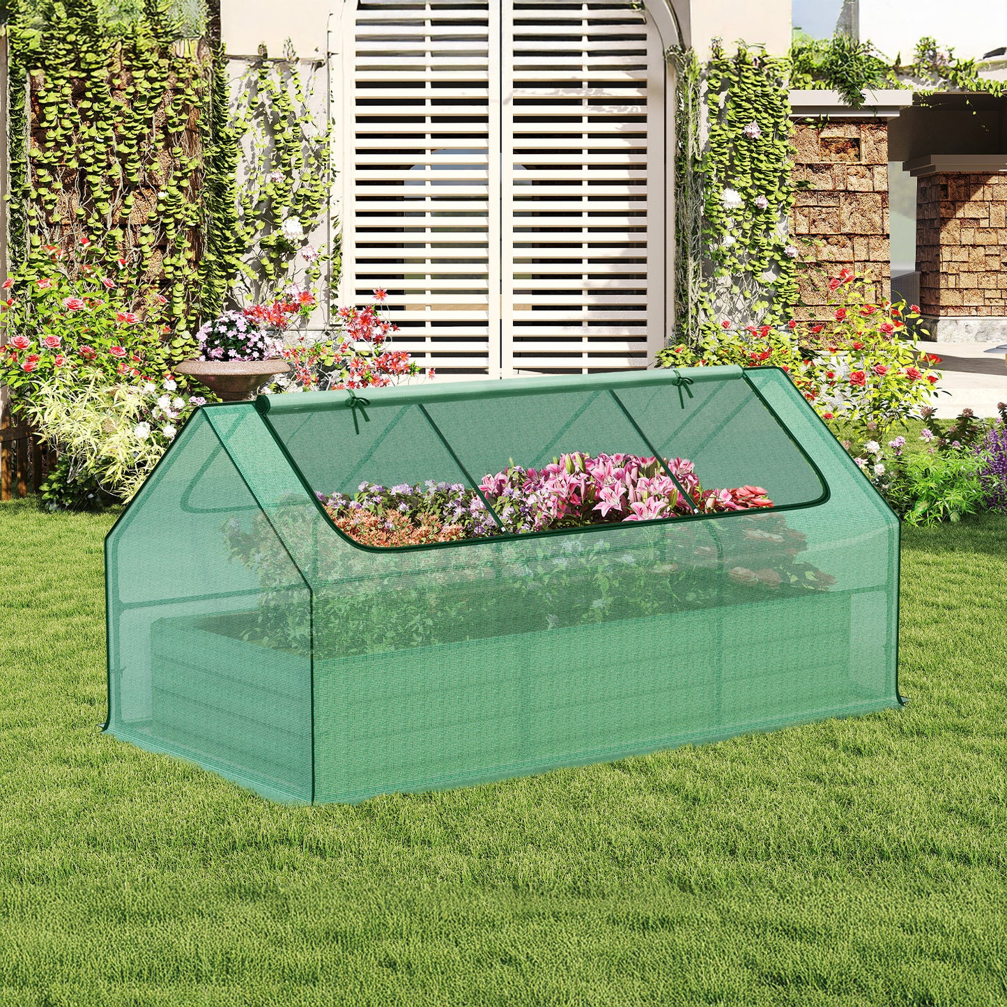 Mini Greenhouse Kit With Raised Garden Metal Beds, 2 Roll-up Zipper Doors