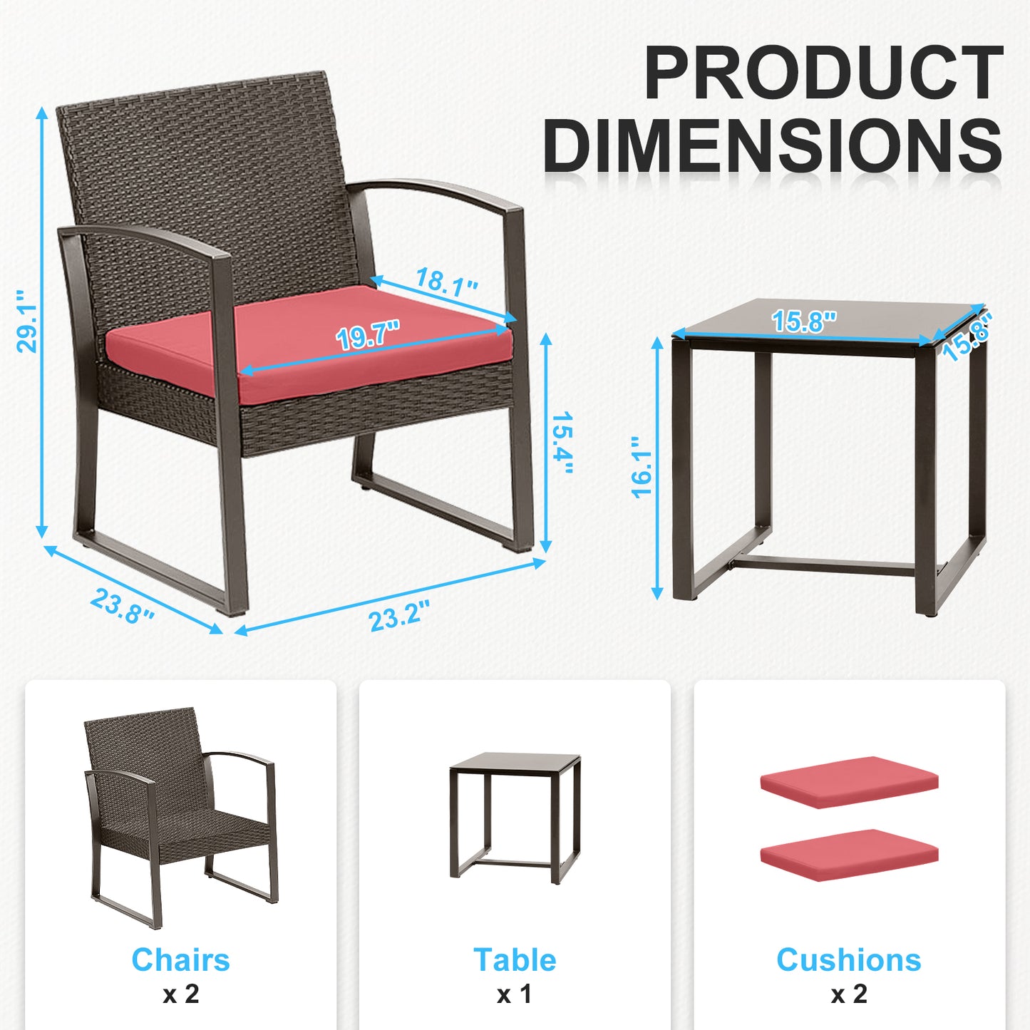 3-Piece Patio Furniture Set - Outdoor Rattan Wicker Chairs with Table, Sofa Set Including Cushions Aoodor