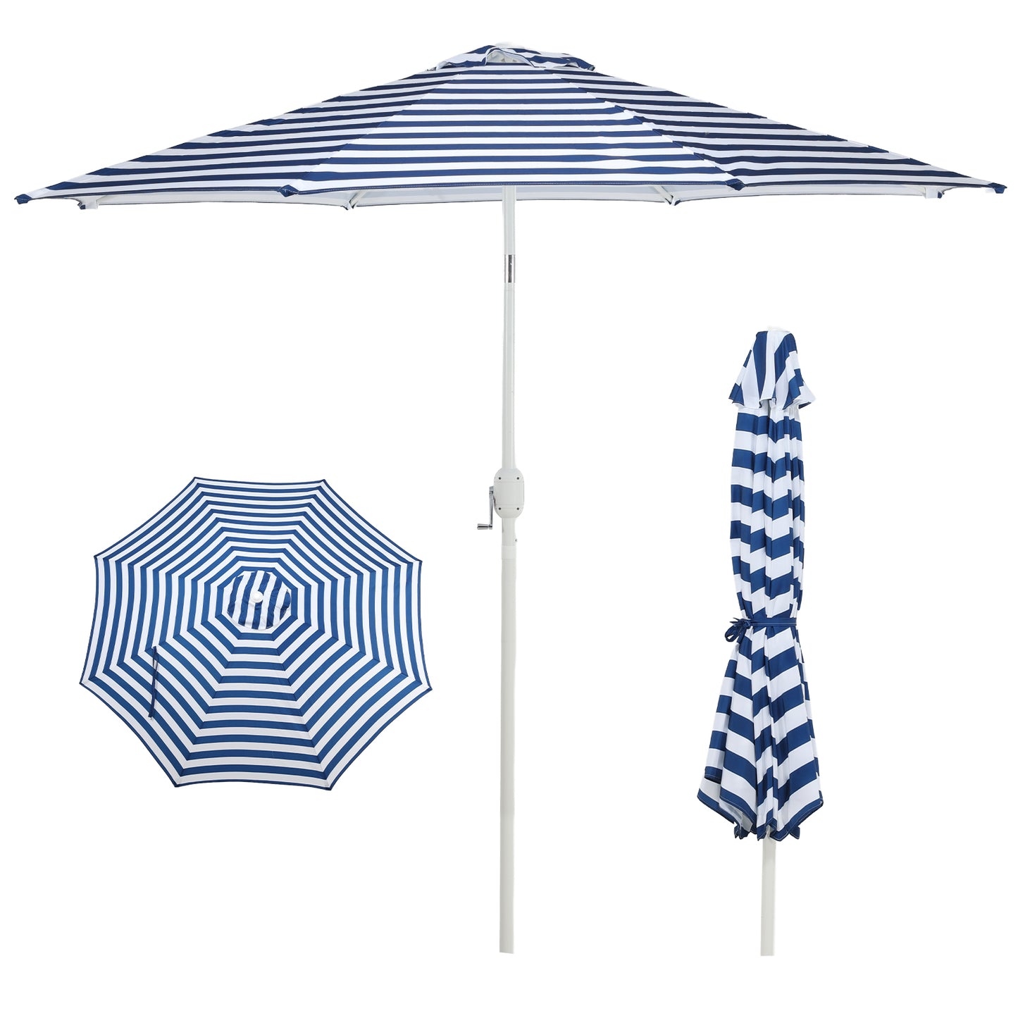 9 ft. Outdoor Patio Market Umbrella Aluminum Frame with Push Button Tilt Crank and 8 Steel Ribs-Dark Blue and White