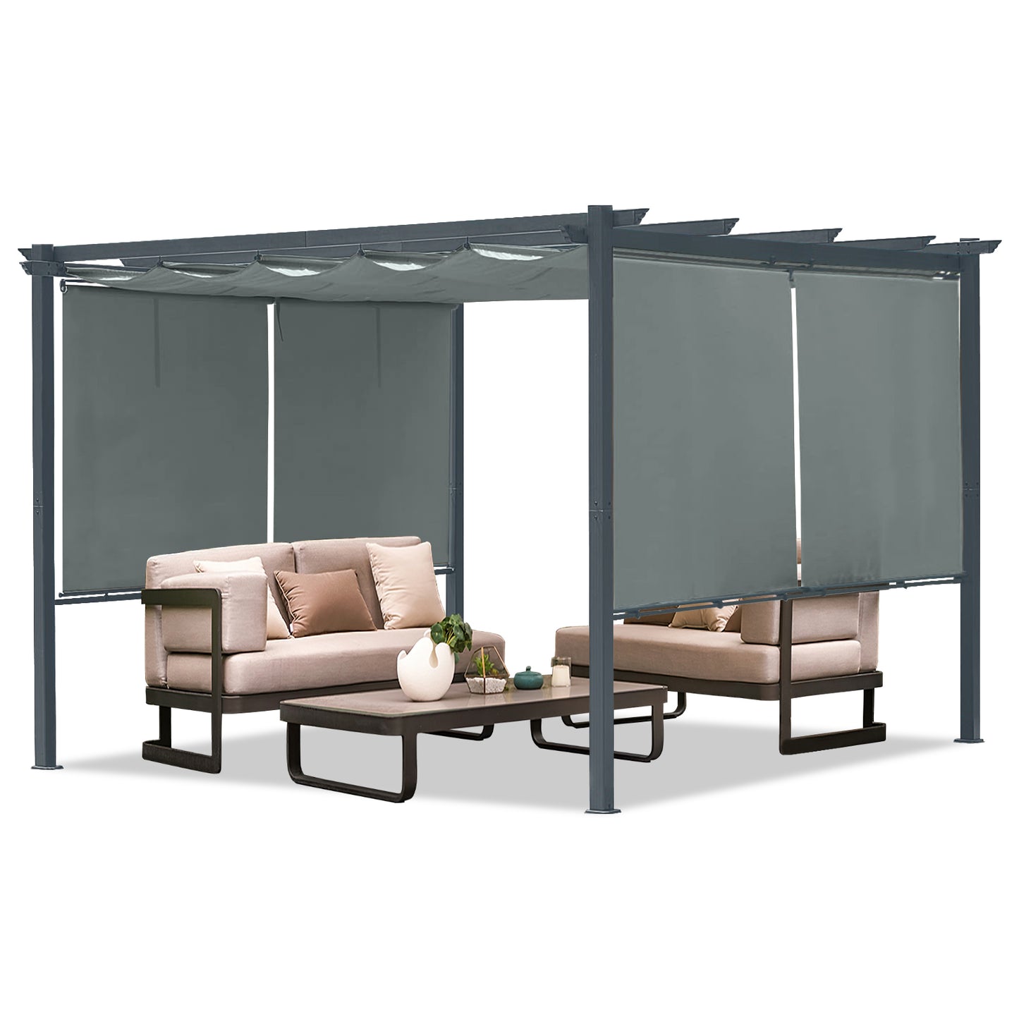 12x12 ft. Outdoor Pergola with Retractable Shade Canopy, Aluminum Frame, 4 Pieces Roller Shade Curtain