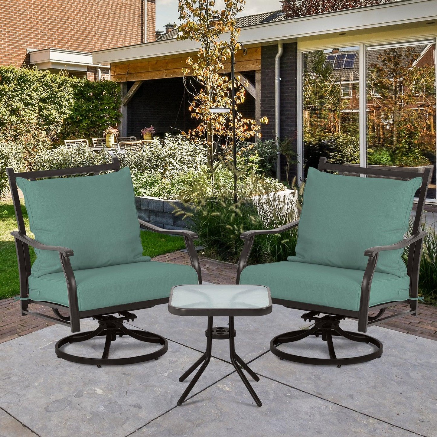Outdoor Swivel Chair Set - Two Chairs, One Glass Table, and Two Thick Cushions