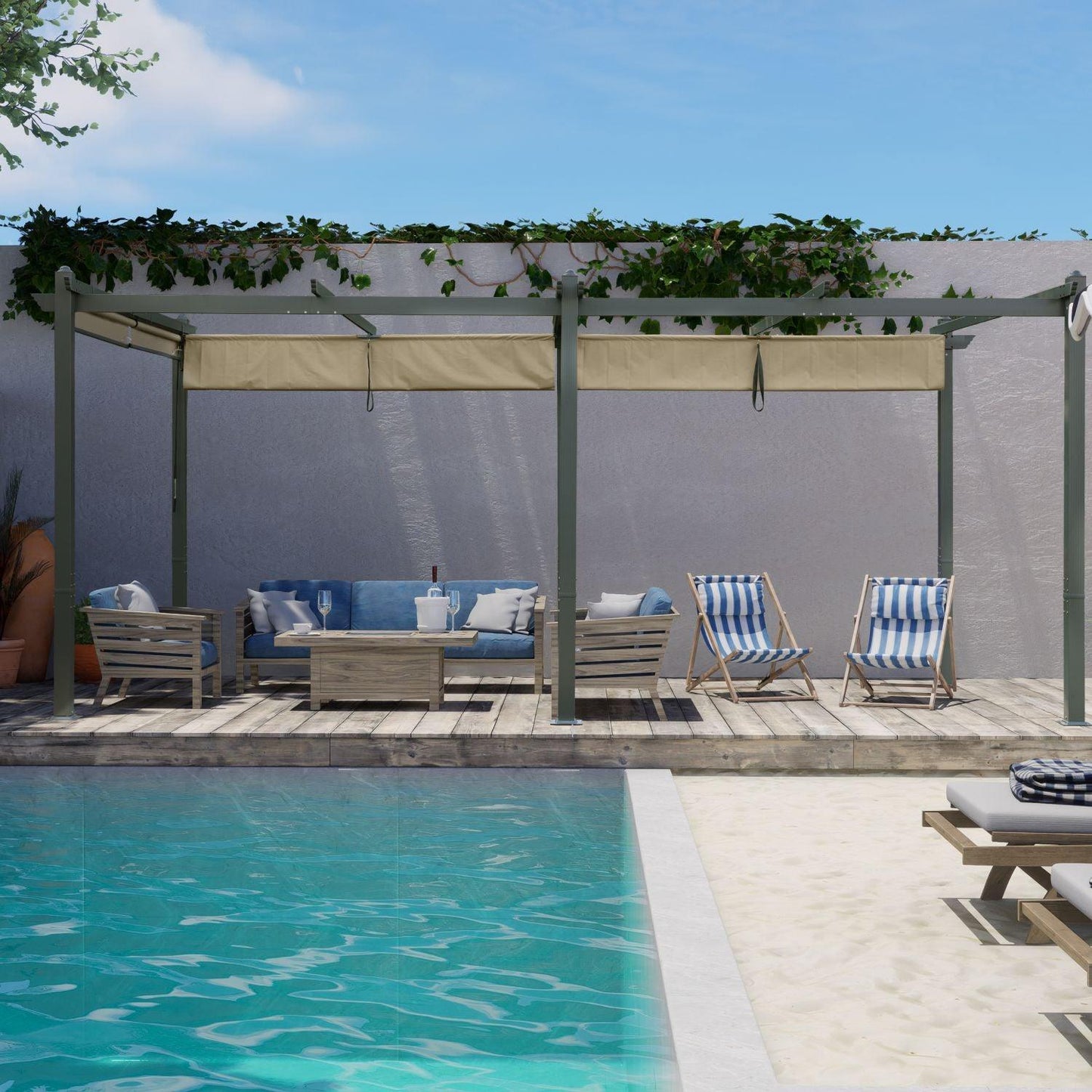 12 x 20 FT Outdoor Pergola with Retractable Shade Canopy, Aluminum Frame, Roller Shade Curtain- khaki/Charcoal Gray Aoodor