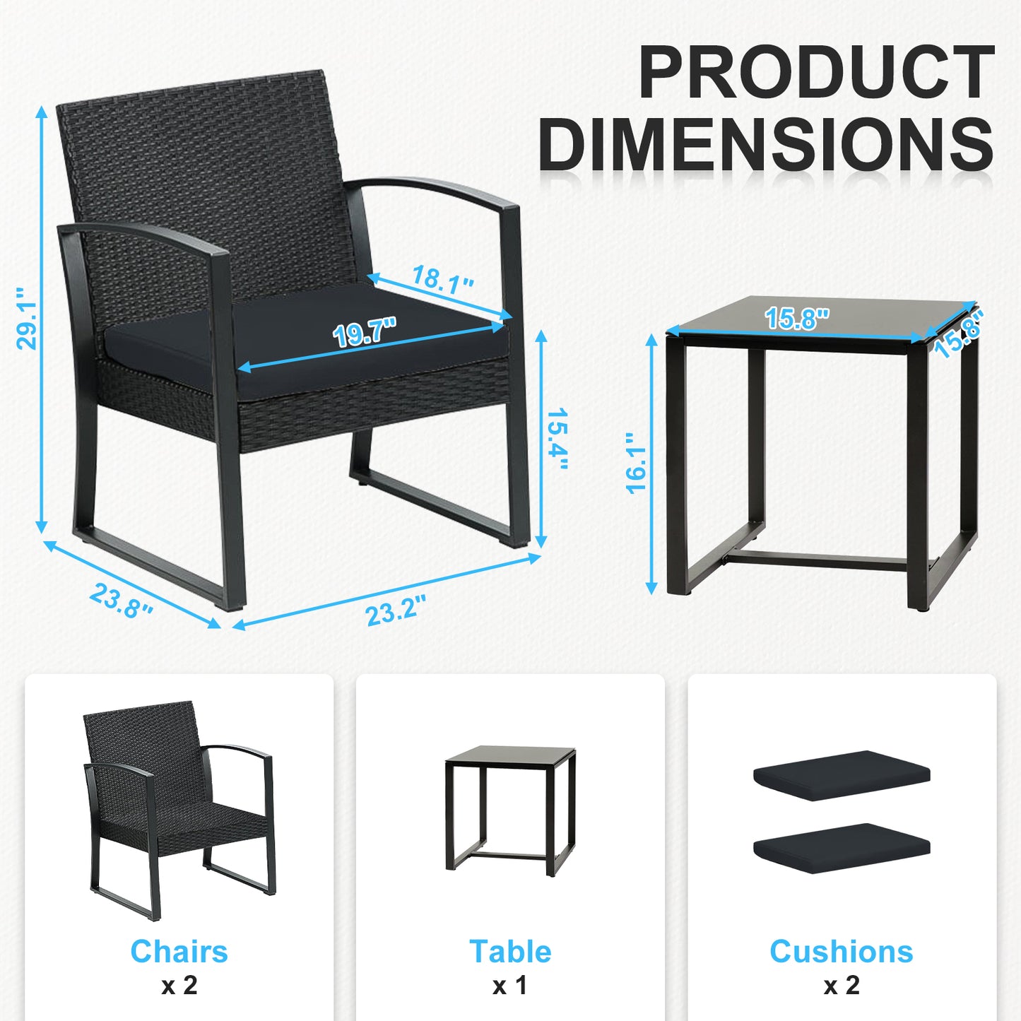 3-Piece Patio Furniture Set - Outdoor Rattan Wicker Chairs with Table, Sofa Set Including Cushions Aoodor