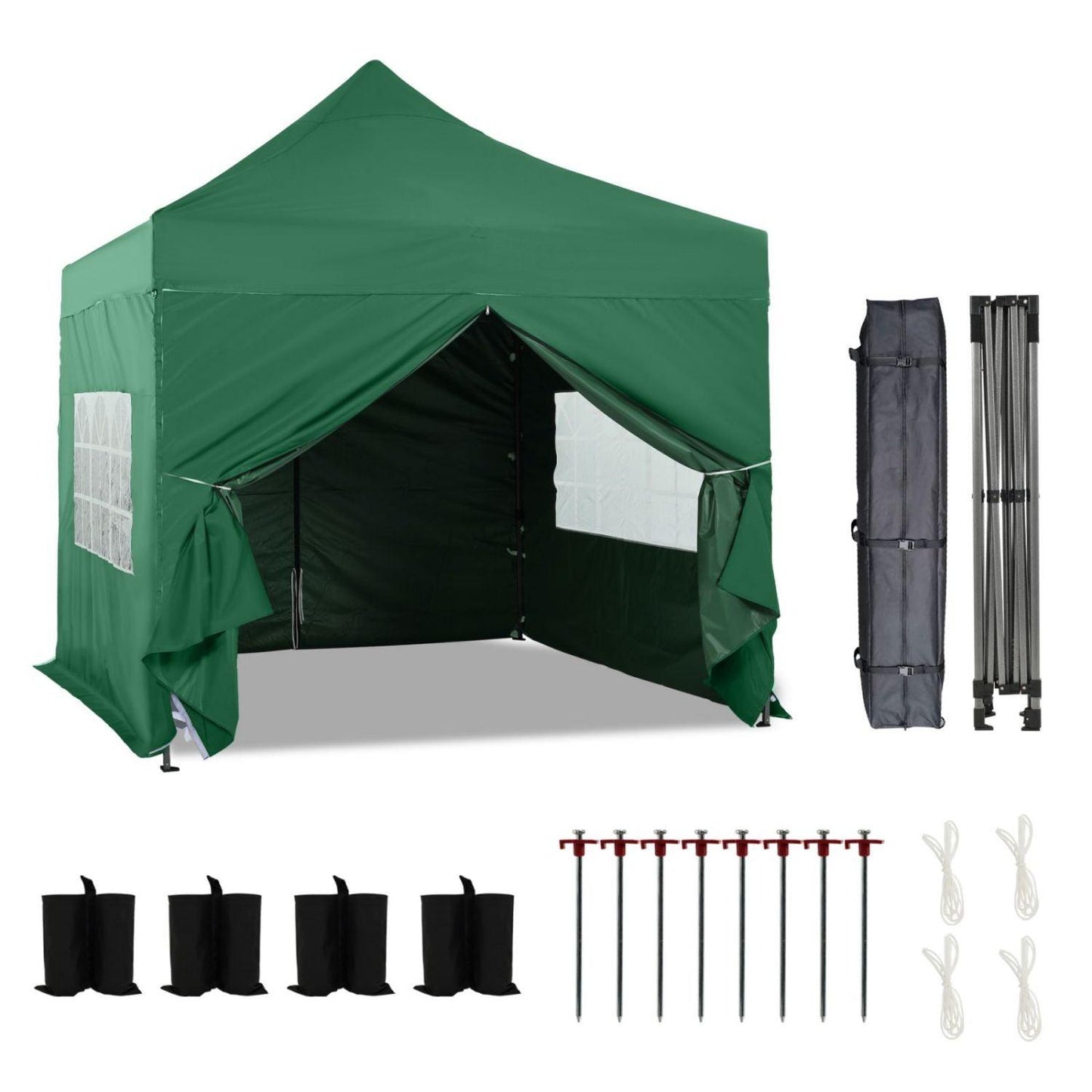 10 x 10 FT. Pop Up Canopy Tent with Windows Sidewalls, 3 Adjustable Heights, with Wheeled Bag Aoodor Green