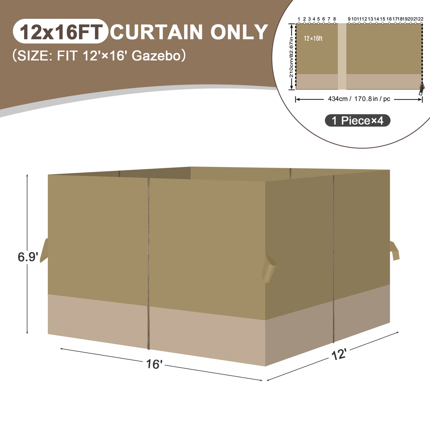 Outdoor Gazebo Curtains, 4 Panels Privacy Sidewall Replacement (Curtain Only) - Khaki and Sand Yellow - Aoodor