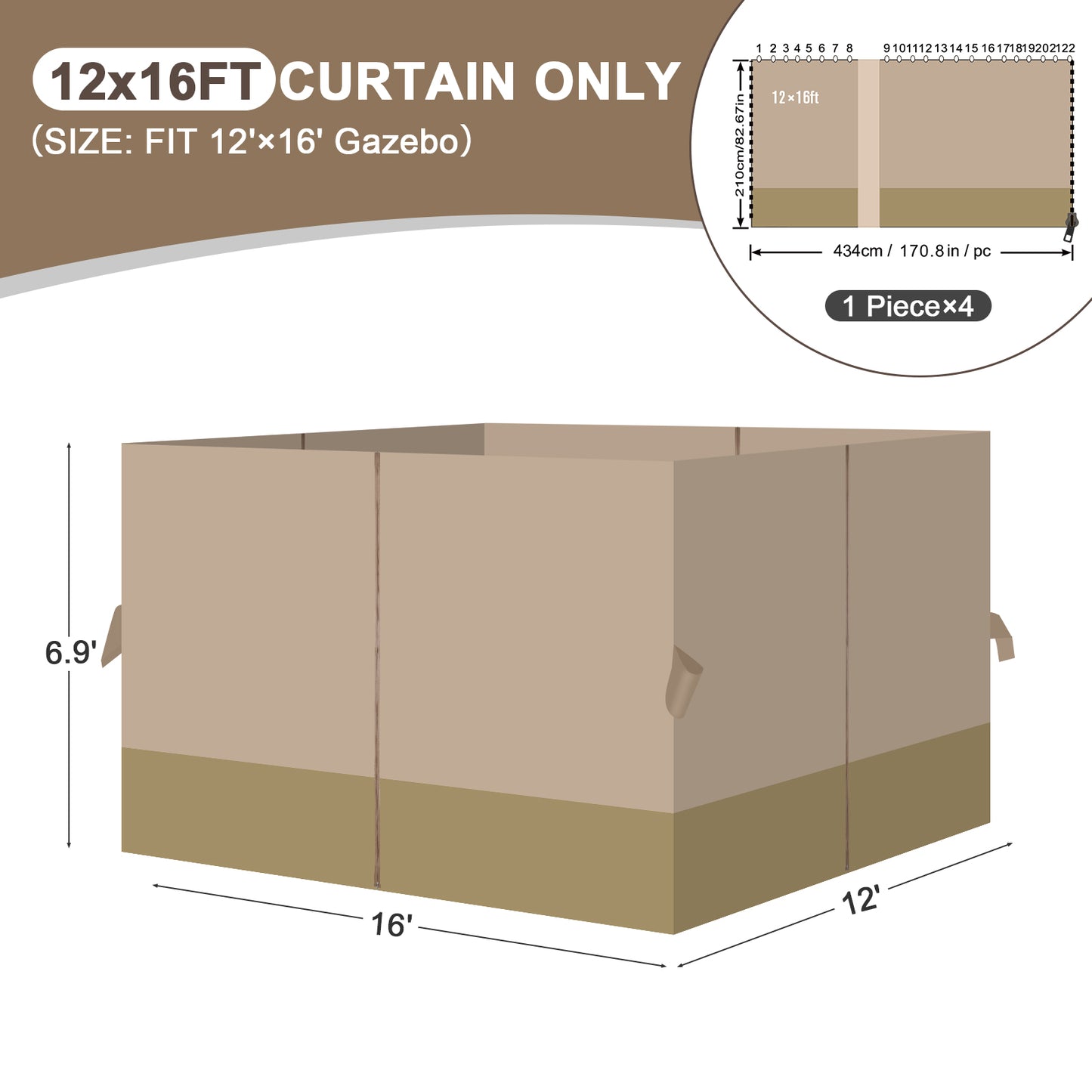 Outdoor Gazebo Curtains, 4 Panels Privacy Sidewall Replacement (Curtain Only) - Sand Yellow and Khaki